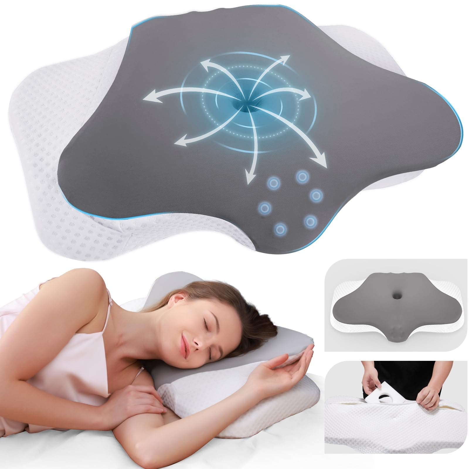Cervical Neck Pillow for Sleeping, Height Adjustable Ergonomic Pillow Cozy Sleeping, Medium-Firm Memory Foam Pillows, Contour Bed Pillow for Side Back Stomach Sleepers, Light Grey (Queen Size)