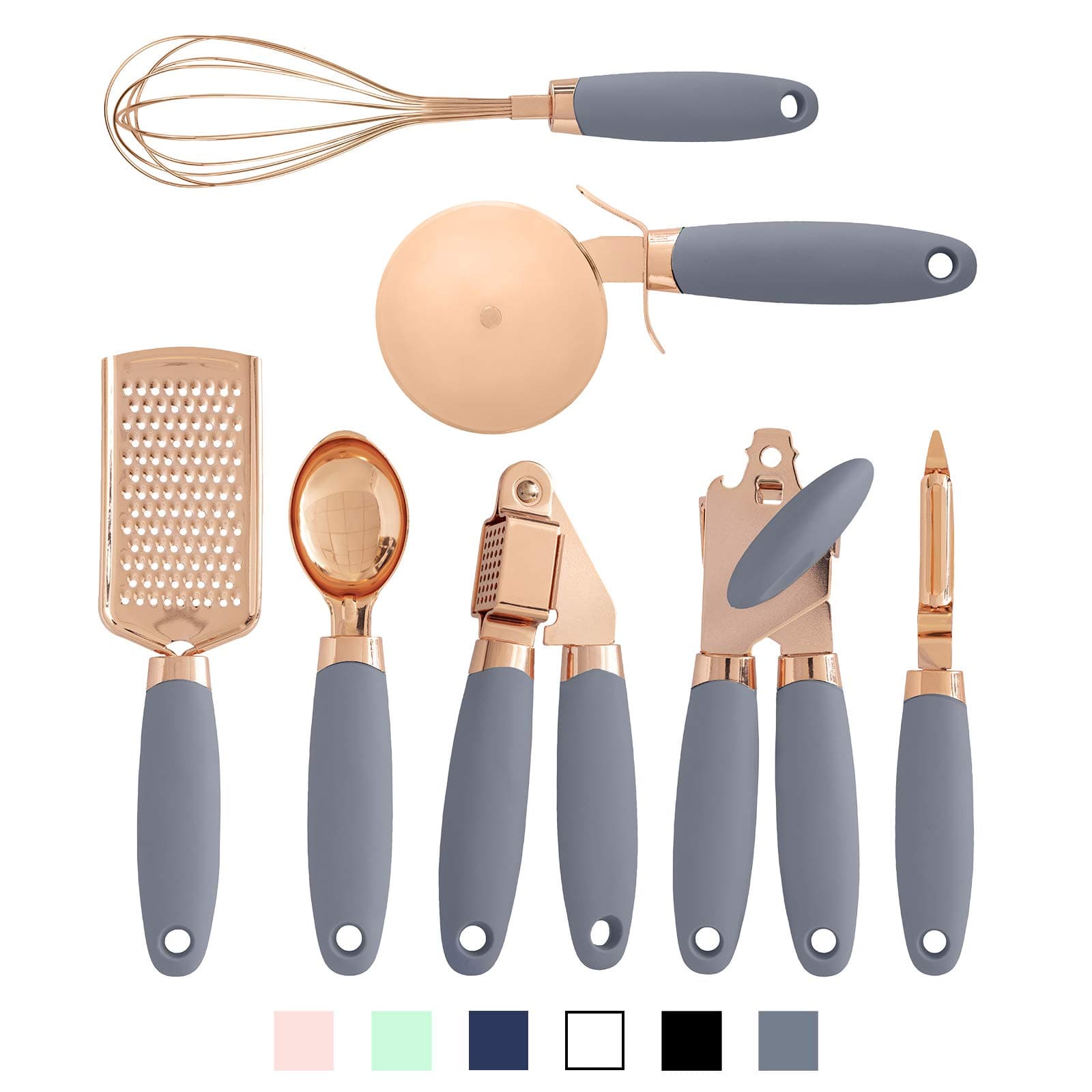 COOK WITH COLOR Kitchen Gadget Set Copper Plated Stainless Steel Utensils with Soft Touch Handles, Copper Grey, 7 Pieces
