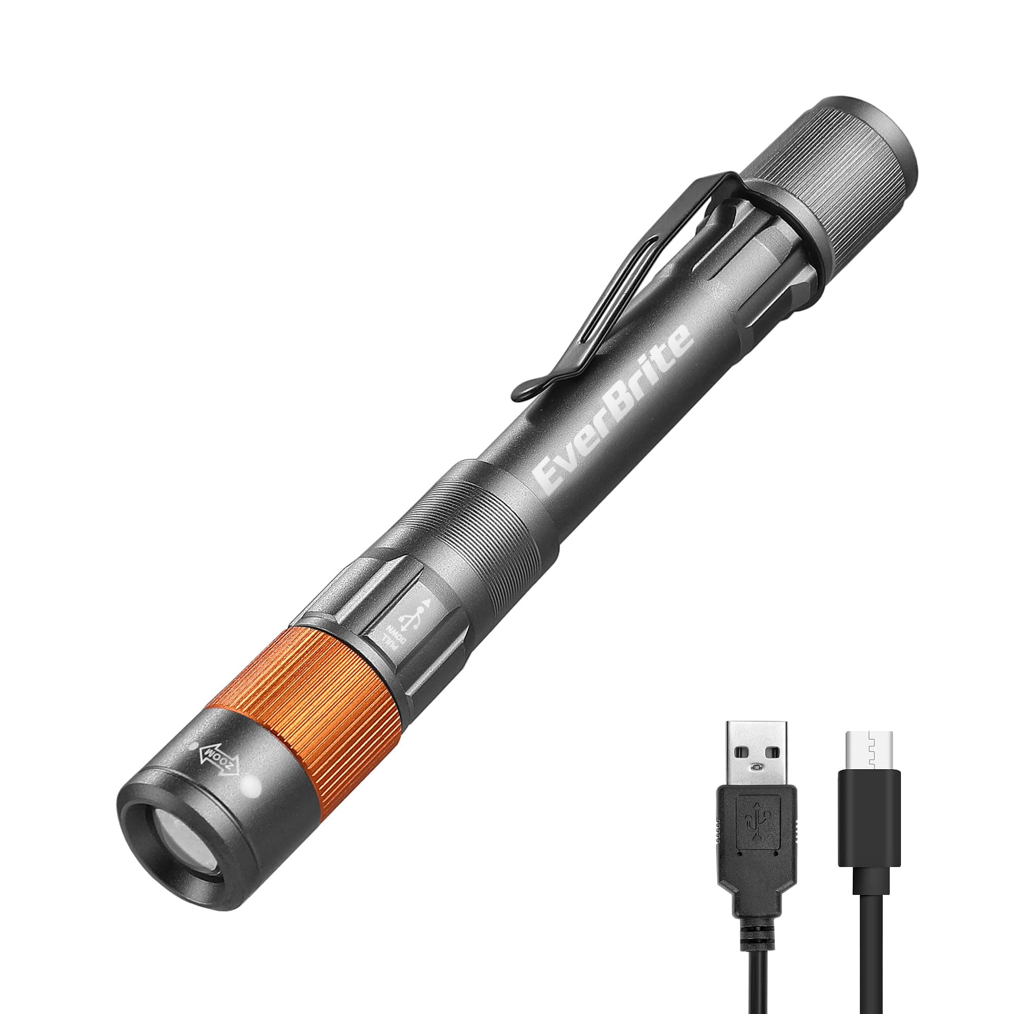 Rechargeable Pen Light 4 Lighting Modes, Zoomable, Handheld Pocket-Size Flashlight with Clip, IPX4 Water Resistant Perfect for Camping, Hiking, Emergency. Grey