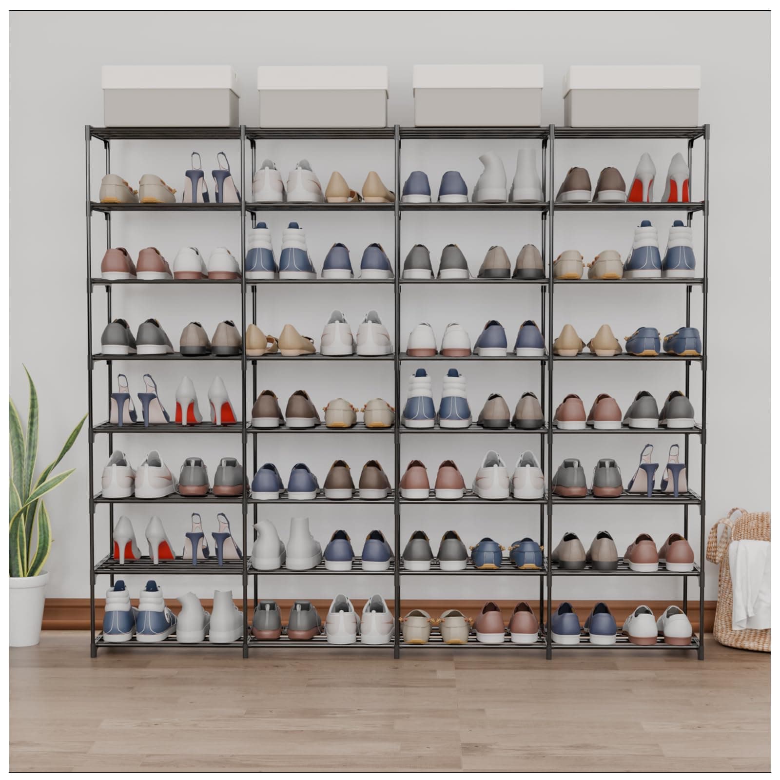 Large Shoe Rack 8 Tier 64 Pairs for Entryway, Heavy Duty Storage Shelves Unit with Customizable Height for Boots, Space Saving Organizer for Hallway Garage (66.1" W x 49.2" H)
