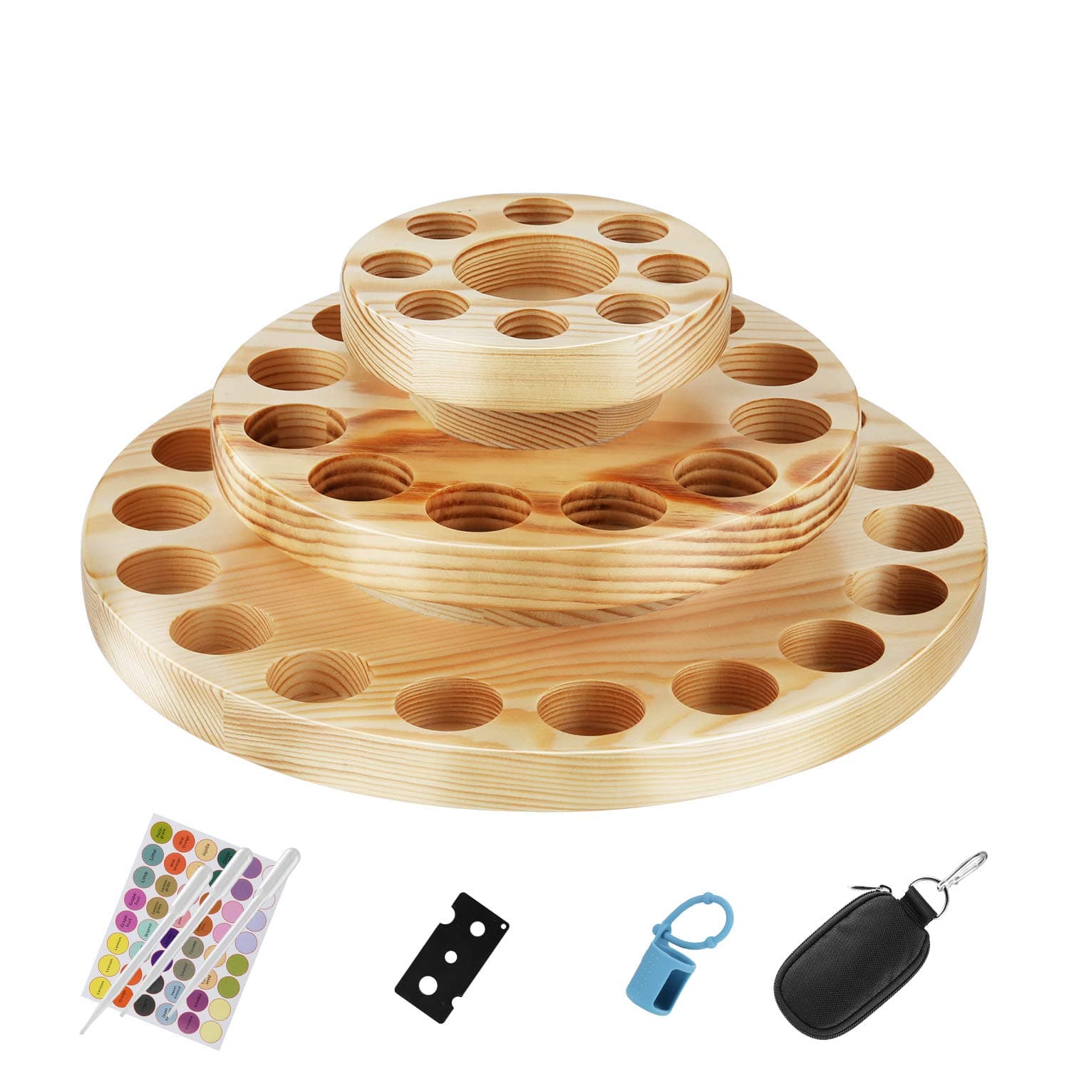 Doubtless Bay 3 Tier Essential Oil Storage Display for 39 Bottles - Natural Wood - Rotating Case Holder Organizer Tray with Gift - Holds Young Living & Doterra Containers - 5/10/15/30/100ml