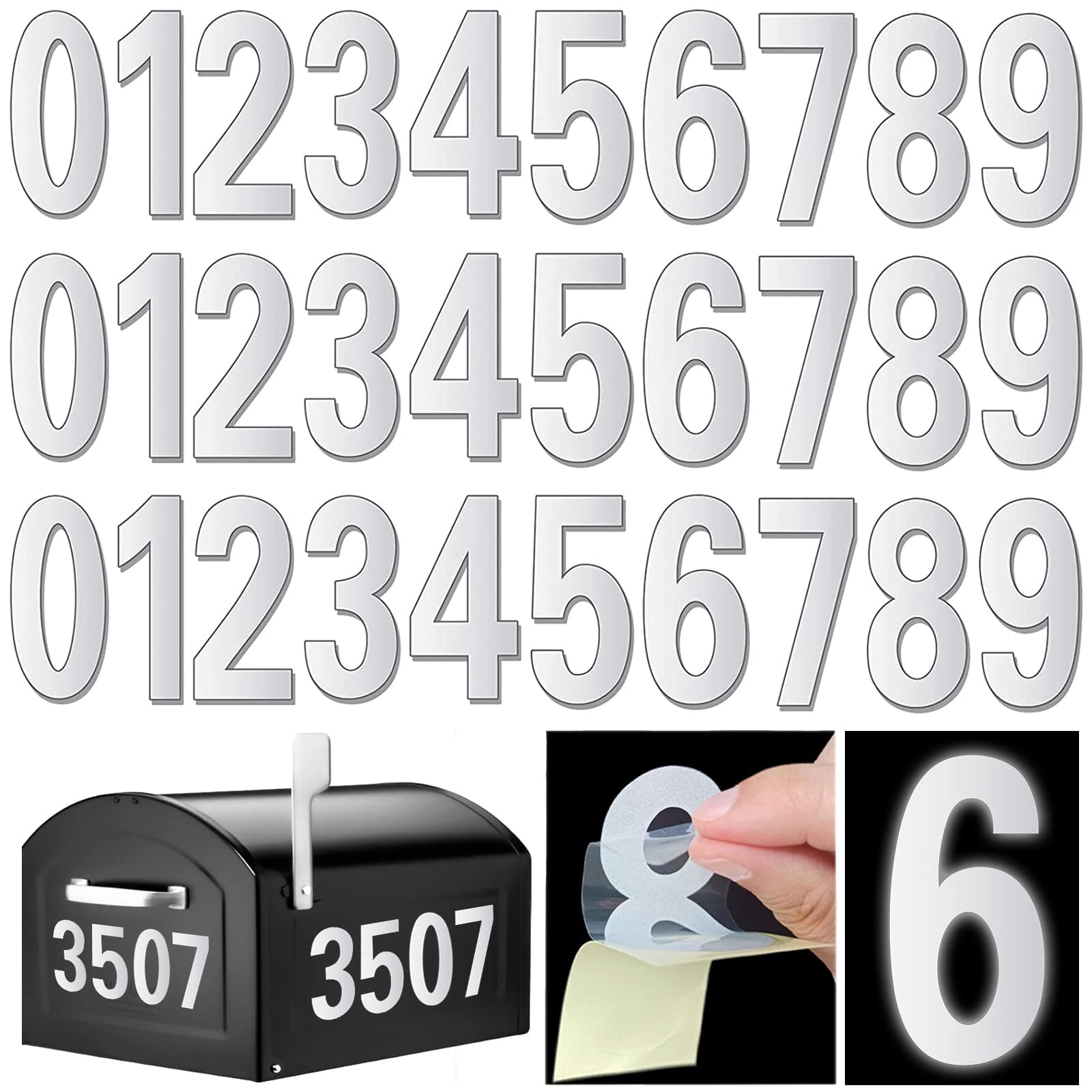 HLARTNET Reflective Mailbox Numbers for Outside - 30 Pcs Waterproof Mailbox Numbers Stickers, Large 3 Inch Self Adhesive 0-9 Vinyl Number for Mailbox, Door, Garbage Bins, Address Number (White)