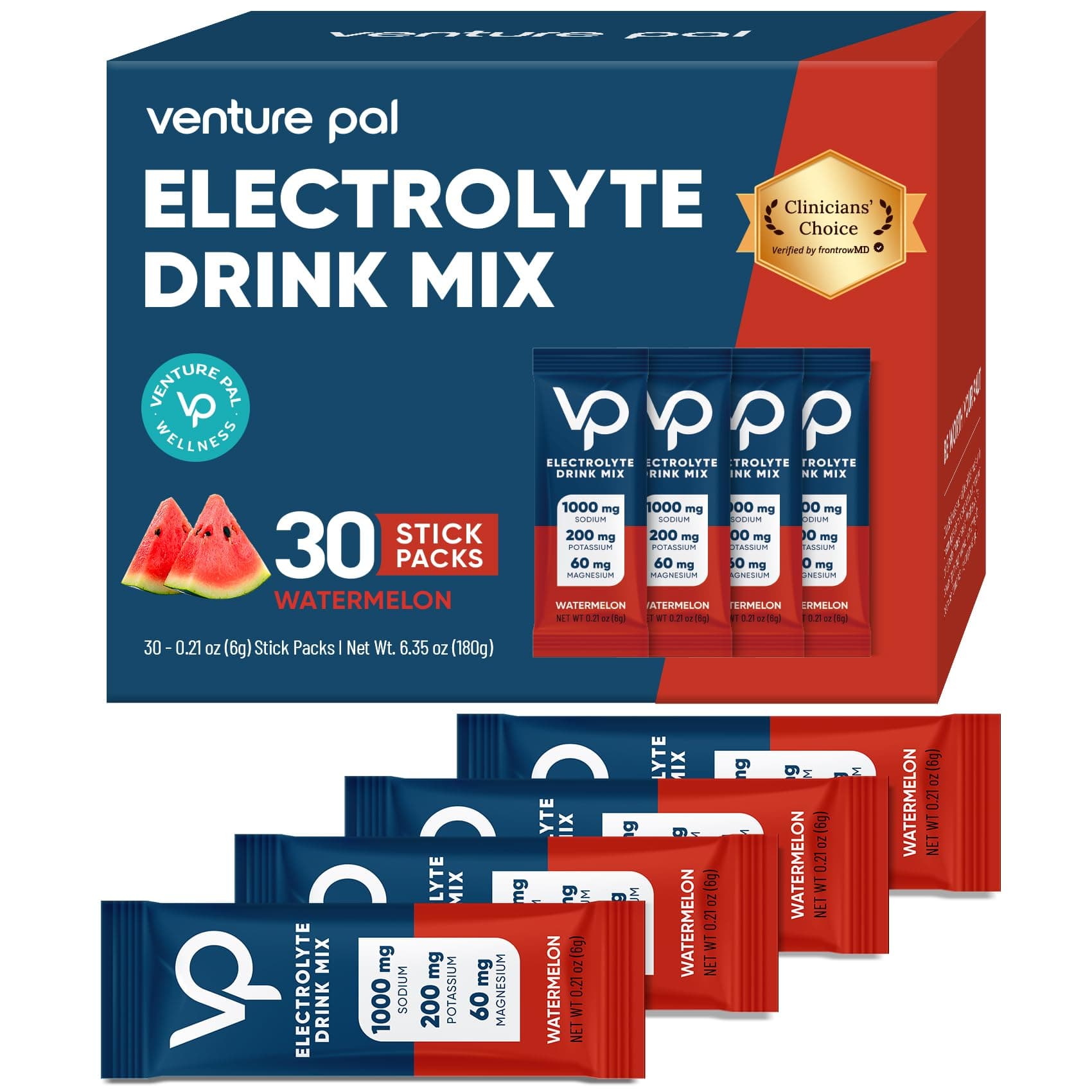 Venture Pal High Sodium Sugar Free Electrolytes Powder Packet - Hydration Packets with Vitamin, Sodium & Potassium | Zero Calories | Vegan, Keto & Paleo Friendly Electrolyte Drink Mix - 30 Sticks