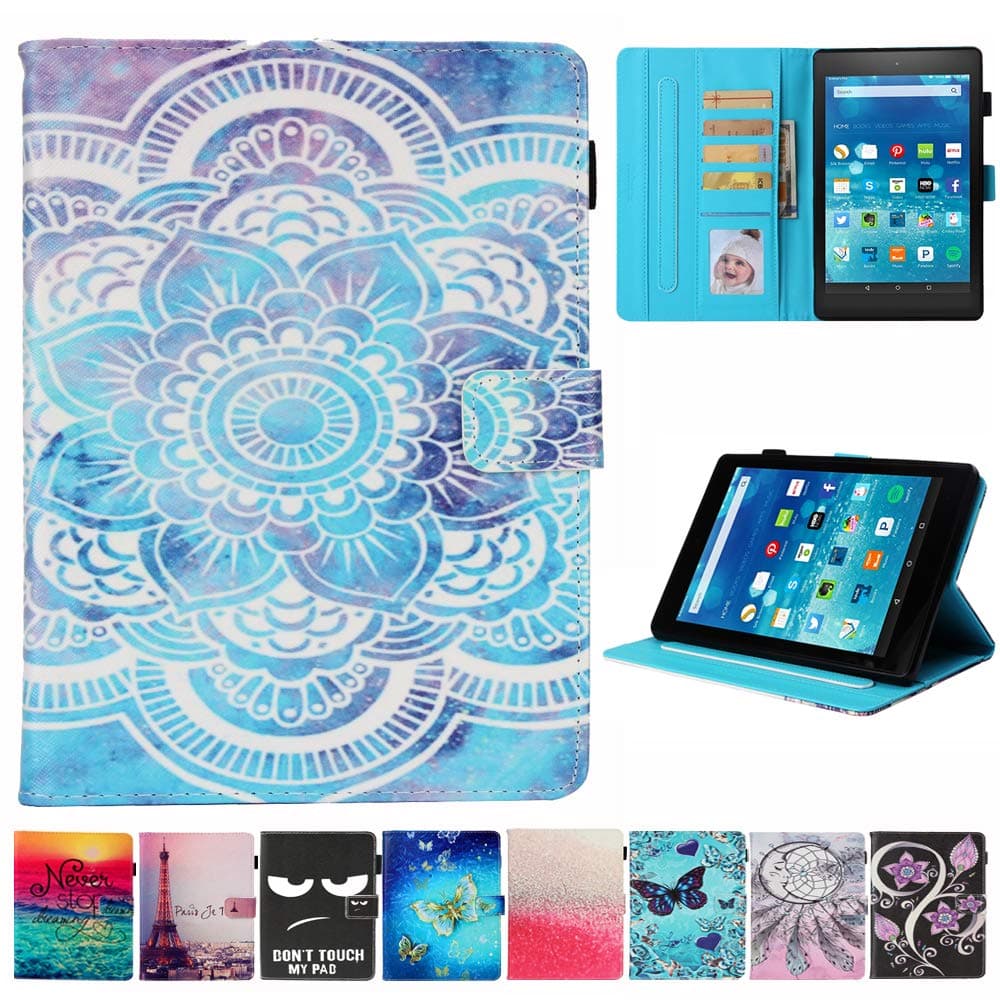 Kindle Fire HD 8 Case - JZCreater Folio PU Leather Smart Case Cover with Auto Wake/Sleep for All-New Fire HD 8 Tablet (8inch 2018 2017 and 2016 Release, 8th/ 7th / 6th Generation), Mandala