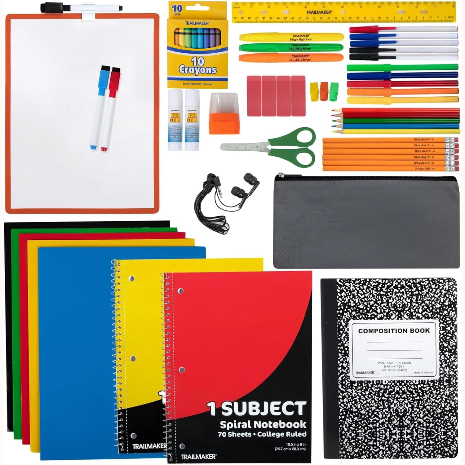 Trail maker Back to School Supplies 60 Piece Bundle Kit for Girls, Boys, Kids, Back to School Supply Box Set Includes Notebooks, Folders, Composition Book, Headphones, Ruler, and More