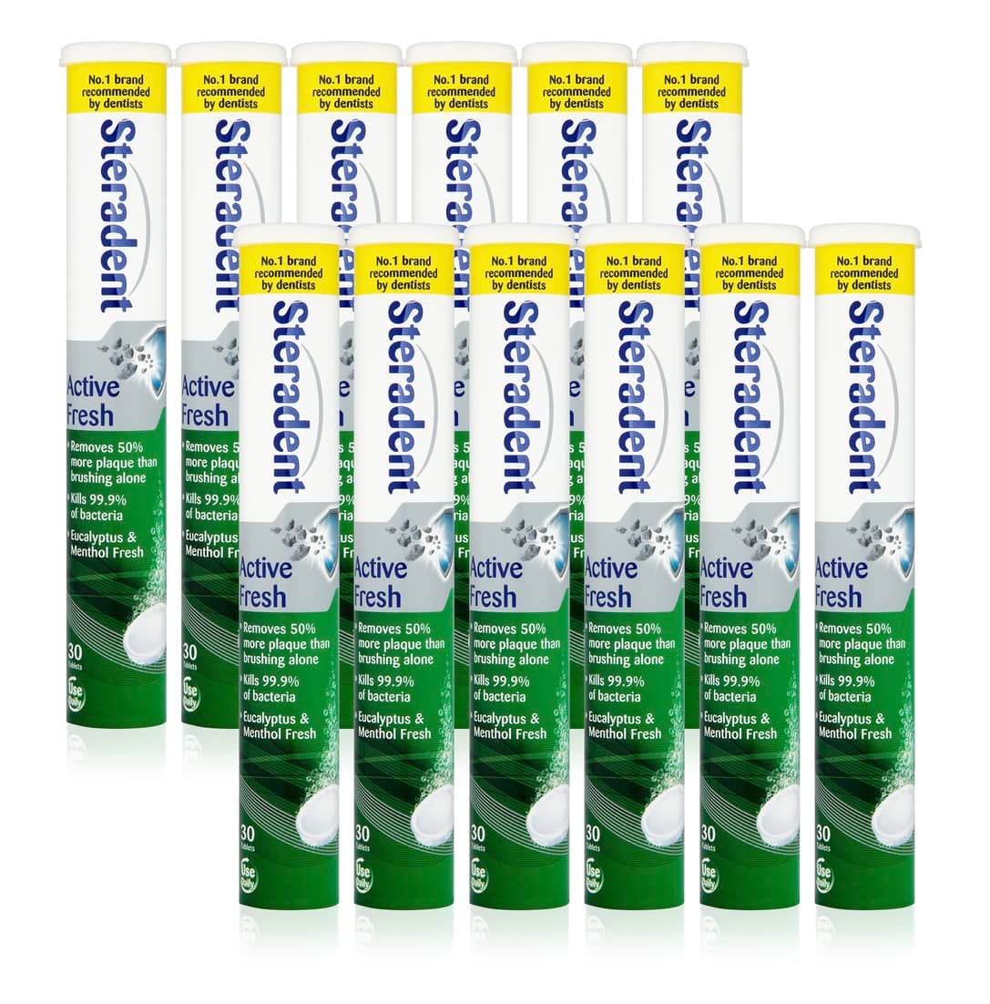 Steradent Active Fresh Denture Cleaning Tablets, Plaque Remover, Eucalyptus & Menthol Fresh, Pack of 12 x 30 Tablets, Total 360 Tablets