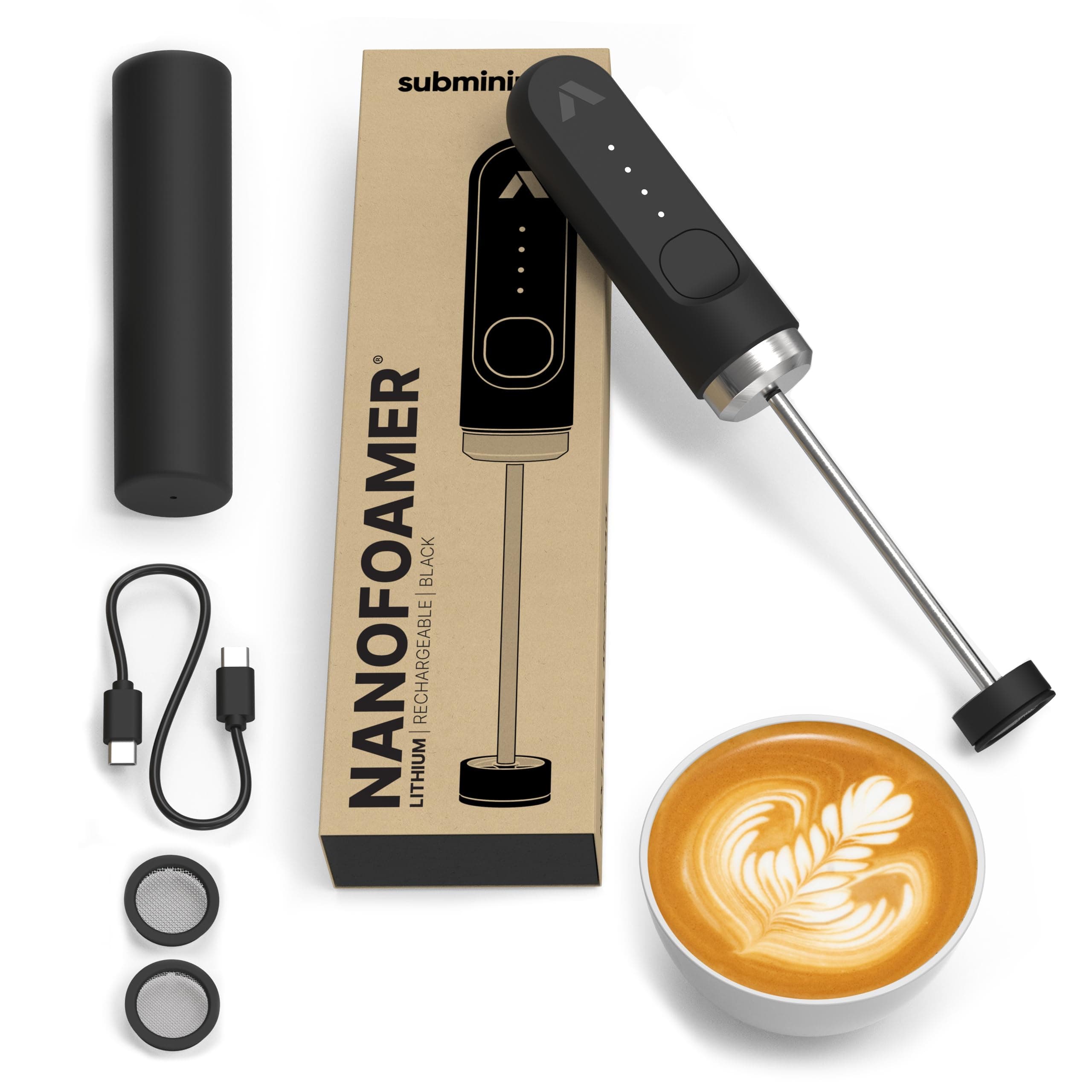 Subminimal NanoFoamer Lithium Performance Milk Frother | USB-C Rechargeable IP4 Waterproof Dual-Speed Stainless Steel | Delivers Premium Micro-Foam Milk in 30 Seconds Barista Style Coffee Drink