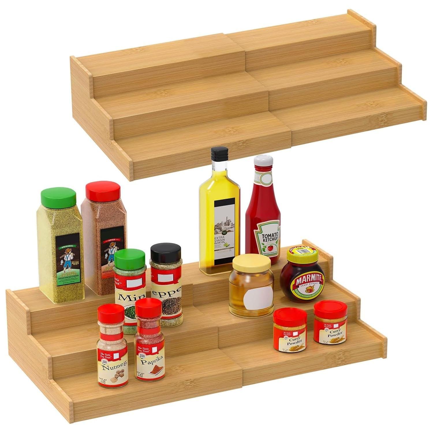 Spice Rack Kitchen Cabinet Organizer- 3 Tier Bamboo Expandable Display Shelf