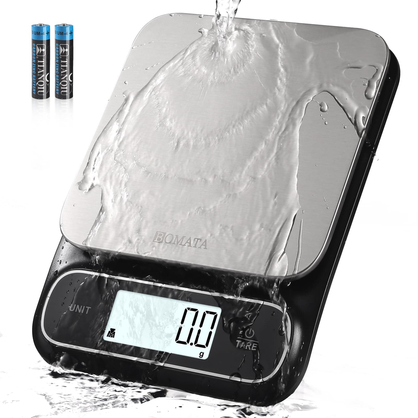 BOMATA Waterproof IPX6 Kitchen Scale, 0.1g High Precision, Max 5kg, Washable, Stainless Steel Weighing Platform, Digital Scale for Food,Cooking, Weight Loss, etc. AAA Black