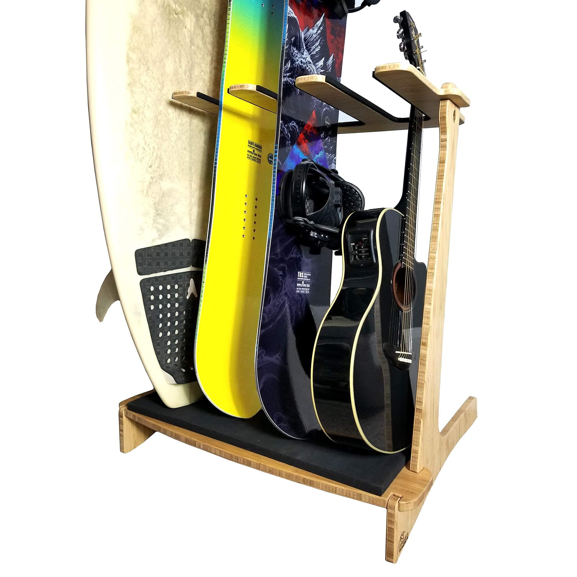 Grassracks Premium Freestanding Vertical Surfboard Rack - Masterfully Crafted Bamboo Surfboard Stand for 4 Surfboards Wakeboards or Snowboards - 4 Guitar Stand (4 Boards or Guitars, Bamboo)