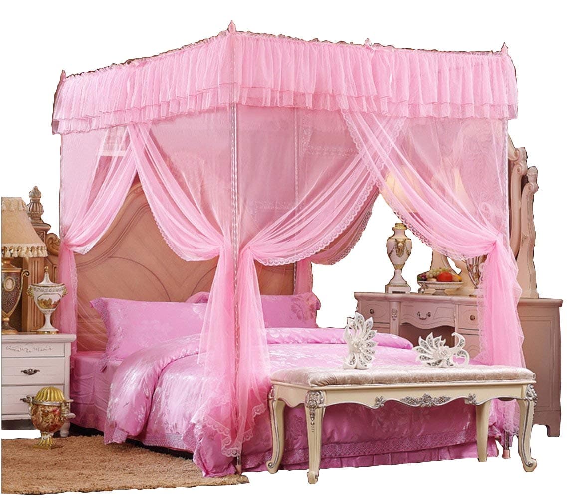 Pink Lace Luxury 4 Post Bed Canopy Mosquito Net (Full/Queen)