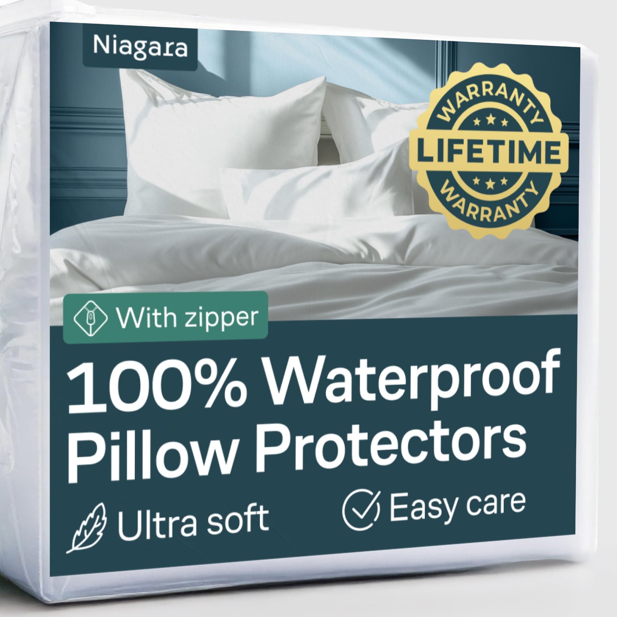 Niagara Sleep Solution 8 Pack Waterproof Pillow Protectors Standard 20x26 Inches Smooth Zipper Premium Encasement Covers Quiet Cases Set White 100% Liquid Protection