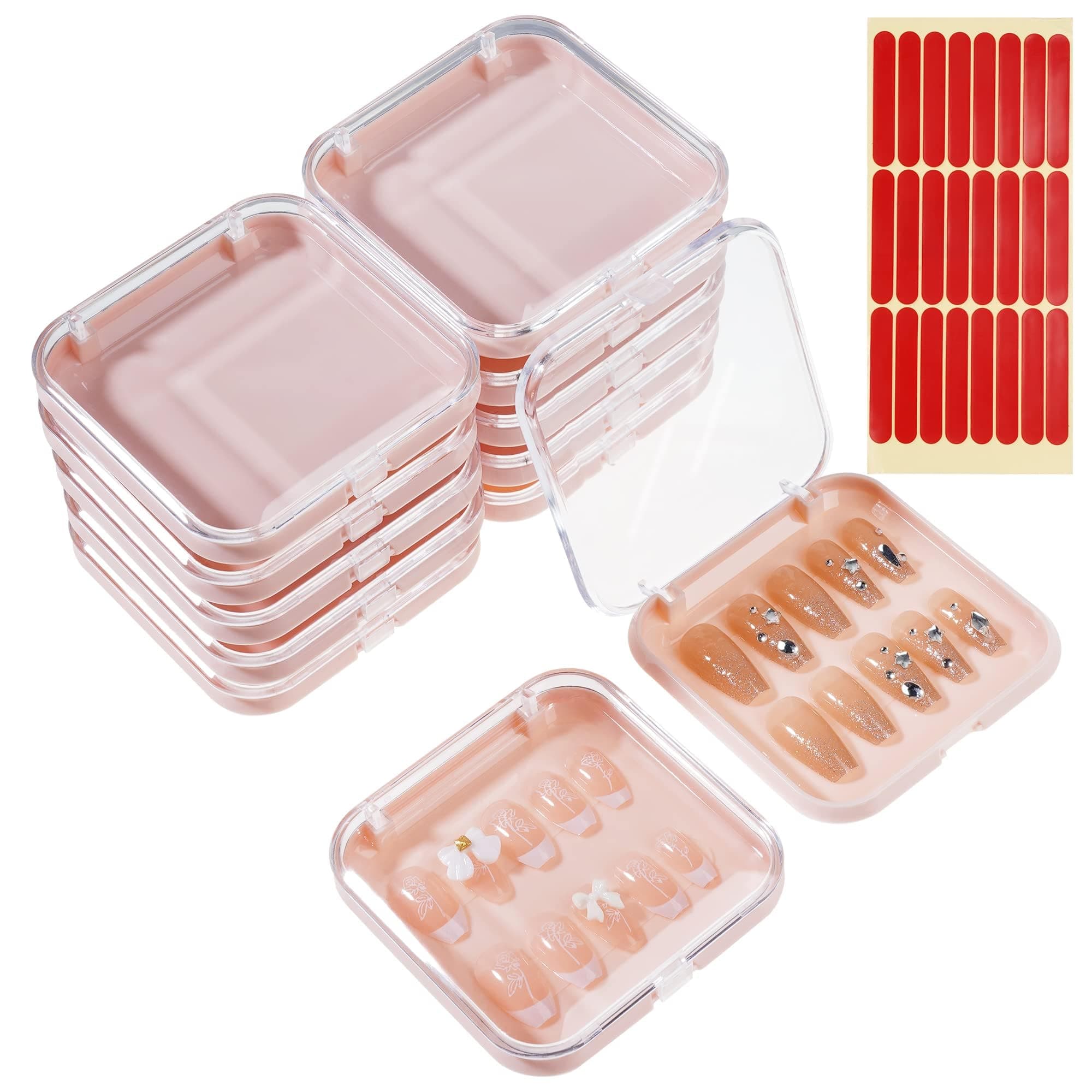 Terrifi 12 Pcs Press On Nail Storage Box, 3.3 X 3.3In Empty Plastic Tips Case, Fake Nails Packing Cases With Tape Pink Display Box For Home Diy, Salon