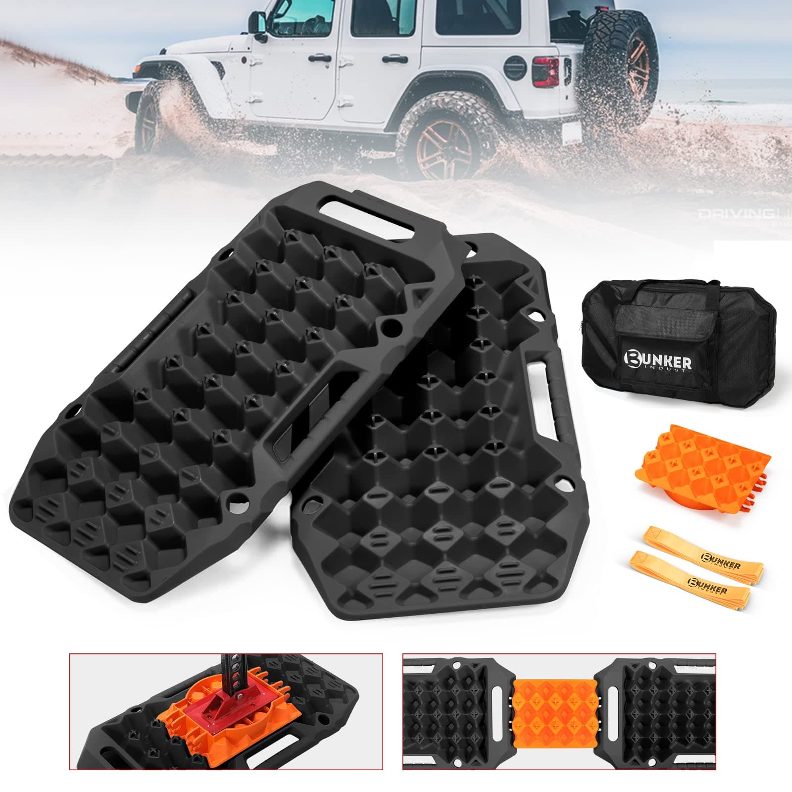 BUNKER INDUST Offroad Traction Boards with Jack Base,Pair Multifunctional Recovery Tracks Tire Traction Mat Snow Mud Sand Ramp-Black 4X4 ATV UTV Car Traction Pads with Carry Bag