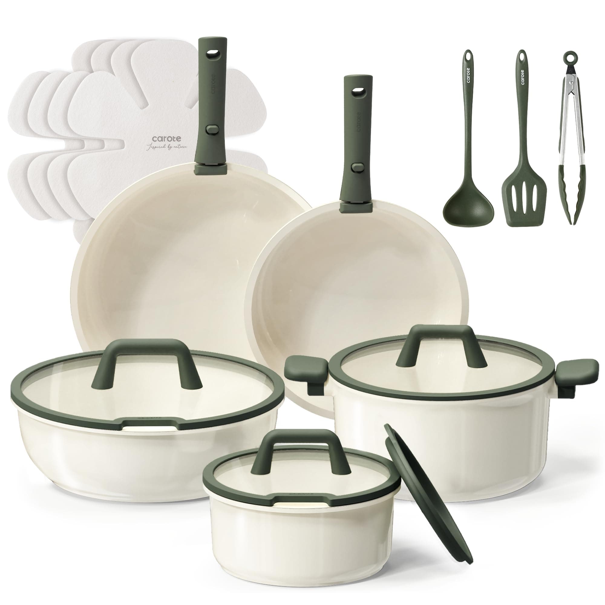 CAROTE 18pcs Ceramic Cookware Set, Pots and Pans Set, Induction Nonstick Kitchen,Non Stick RV Cookware Set with Detachable Handle, Dishwasher/Oven Safe, Green