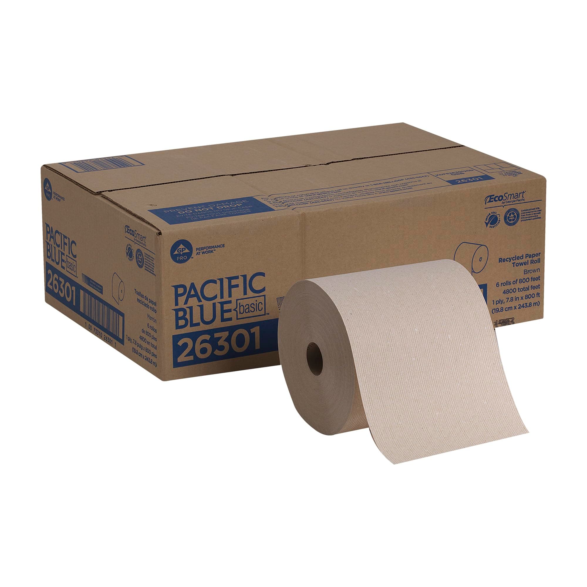 Georgia-Pacific Pacific Blue Basic Recycled Hardwound Paper Towel Rolls by GP PRO (Georgia-Pacific); Brown; 26301; 800 Feet Per Roll; 6 Rolls Per Case
