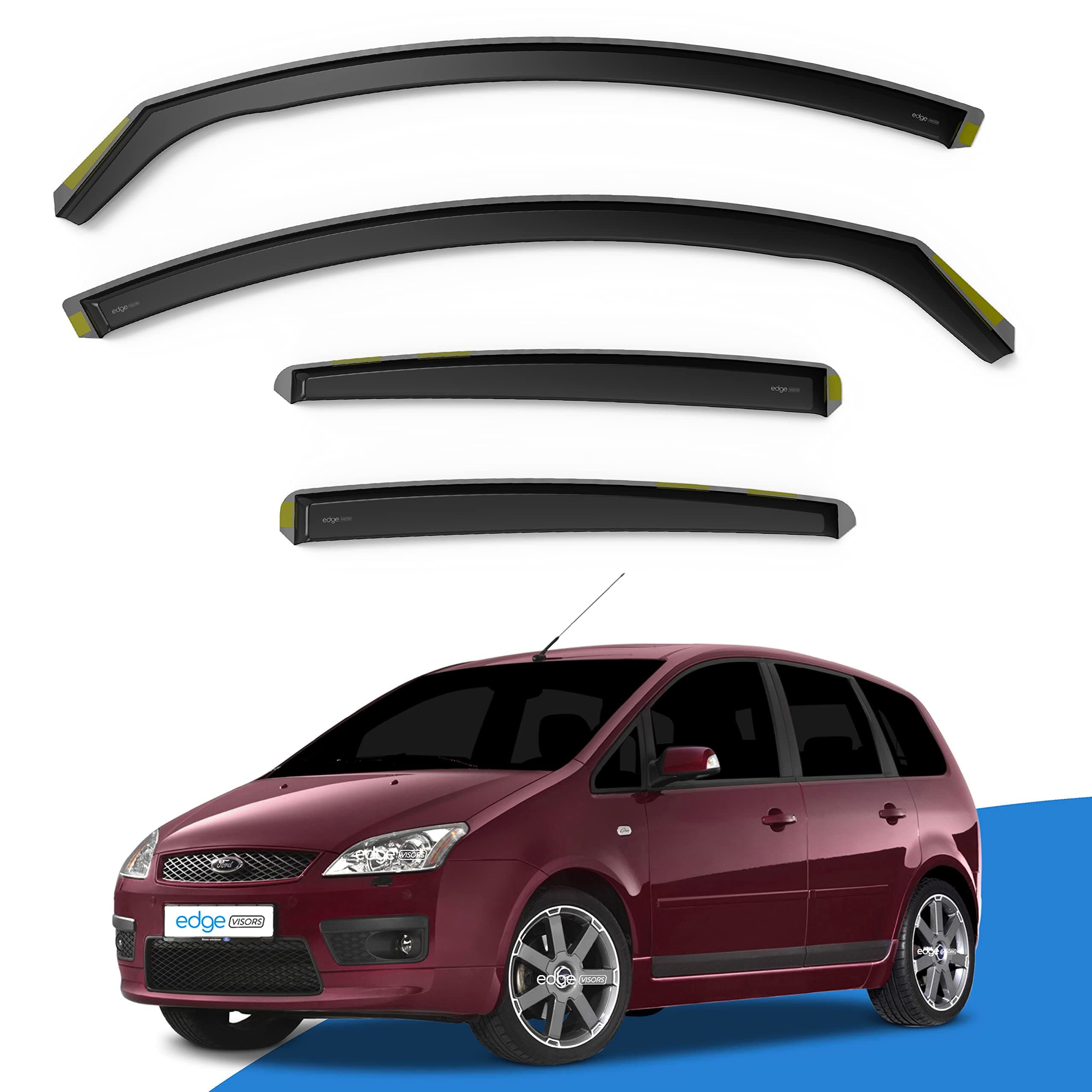 EdgeVisors Wind Deflectors | Fits: Ford Focus C-Max MK1 (2003-2010) 5 Door Hatchback 4pc Set | In-Channel Rain Guards for Wind, Rain & Sun Protection, Easy Installation - Tinted