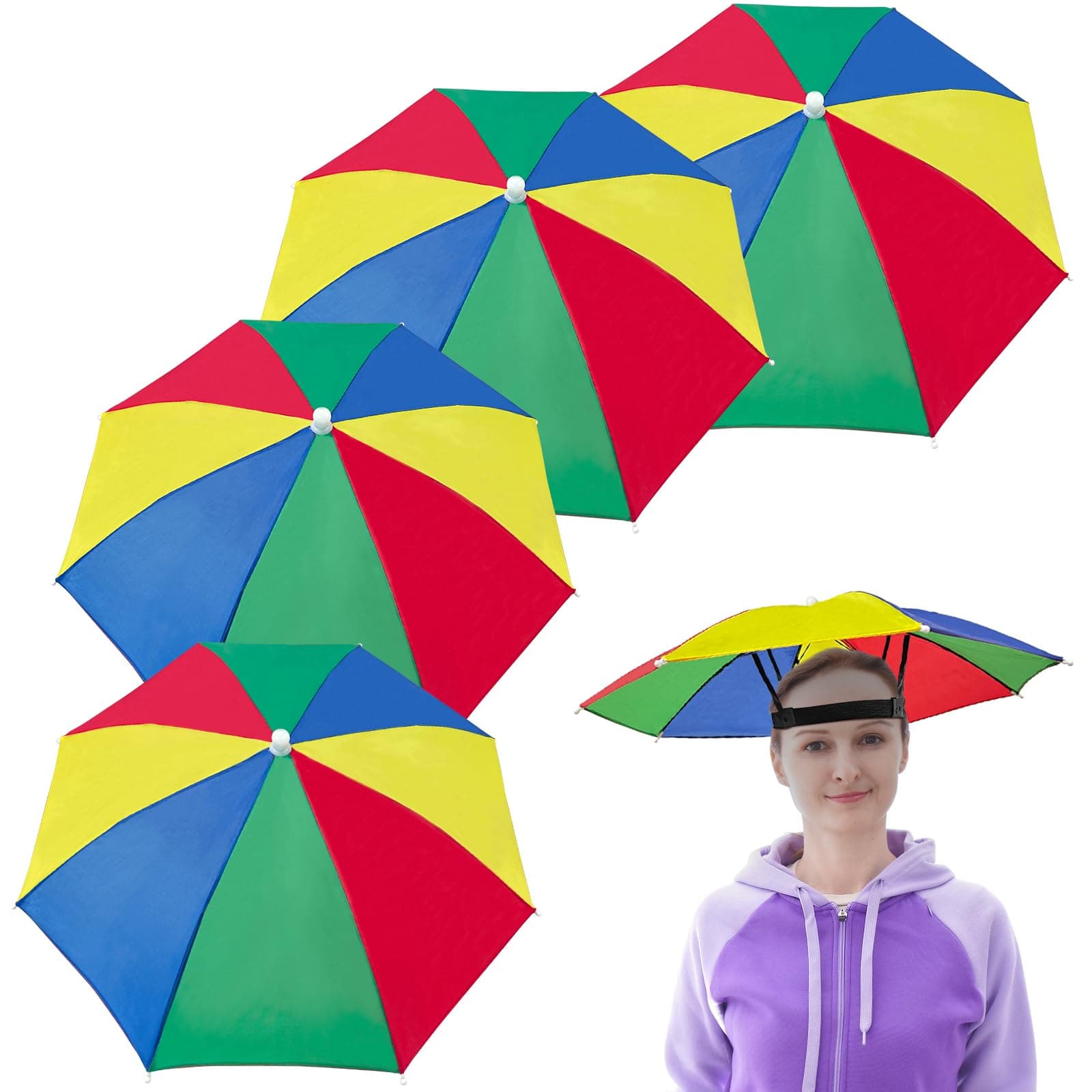 Guyuyii 4 Pieces Adjustable Rainbow Umbrell Hat - Sun and Rain Protection Umbrella Hats for Adults and Kids - Hands-Free for Outdoor Adventures, Festivals, and Family Fun