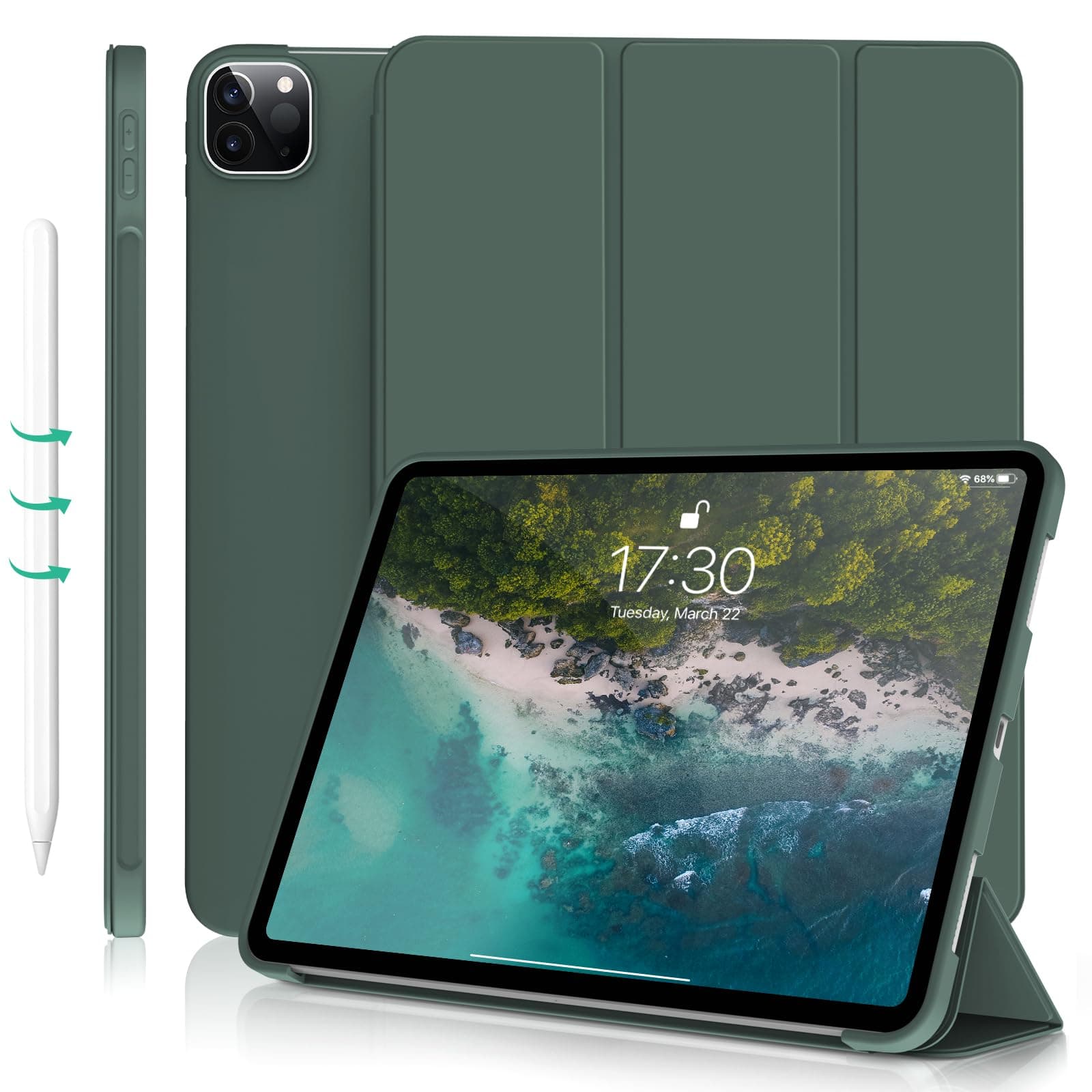iPad Pro 11 Inch Case 4th/3rd/2nd/1st Generation 2022/2021/2020/2018 2nd Pencil Magnetic Attachment Without Pencil Holder Soft Slim TPU Cover Auto Wake/Sleep (Dark Green)