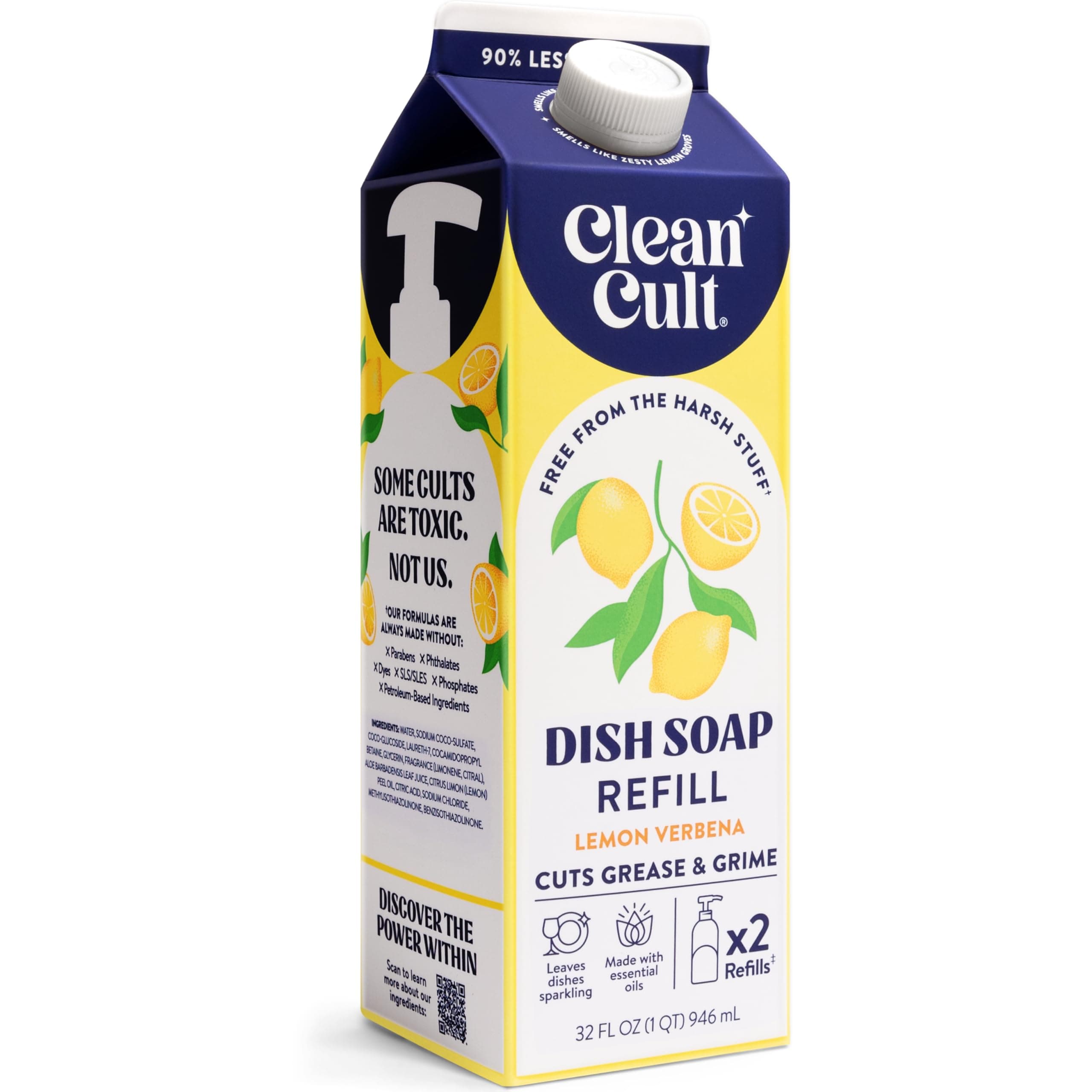 Dish Soap Liquid Refill (32oz, 1 Pack) - Plant Based Cleaning Power - Dish Soap that Cuts Grease & Grime - Free of Harsh Chemicals - Uses 90% Less Plastic - Lemon Verbena