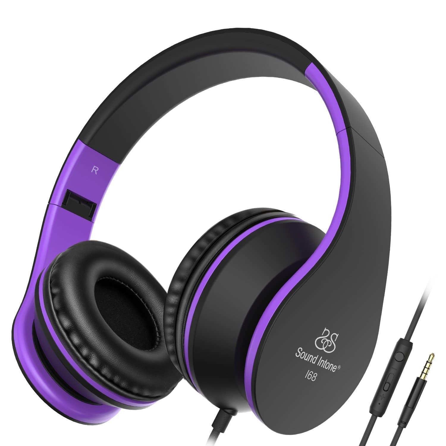 Sound Intone I68 Foldable Portable 3.5mm High-Performance Over-ear Headphones, Adults/Kids Lightweight Headphones, In-line Volume Control and Microphone(Black/Purple)