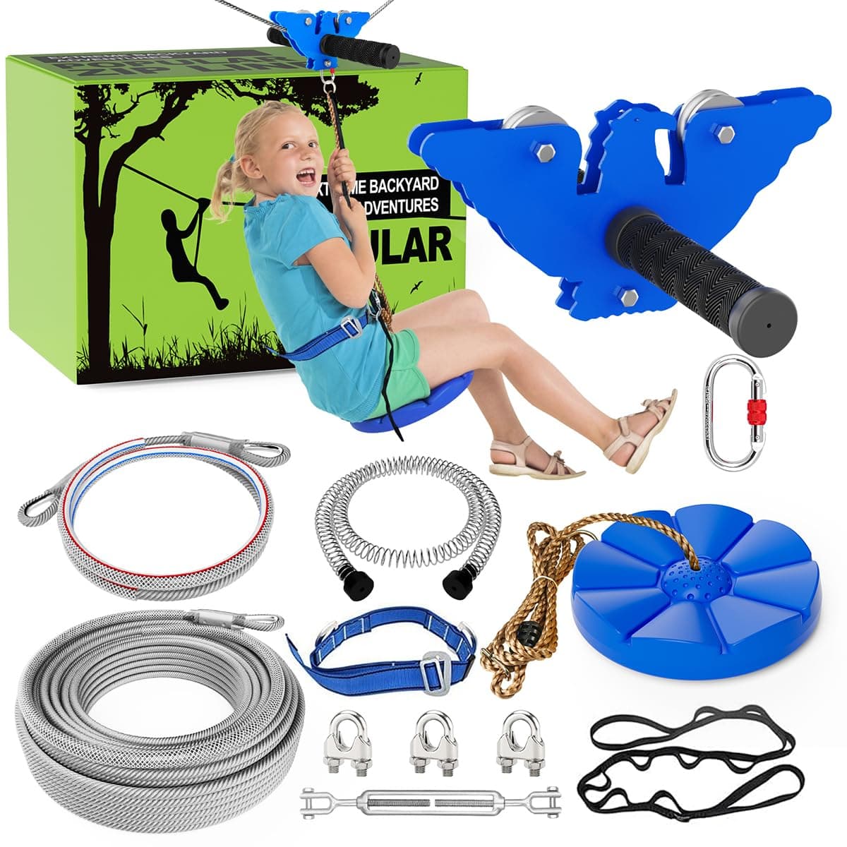X XBEN Zip line Kits for Backyard, Zip Lines for Kid and Adult, Included Swing Seat, Ziplines Brake, and Steel Trolley, Outdoor Playground Equipment