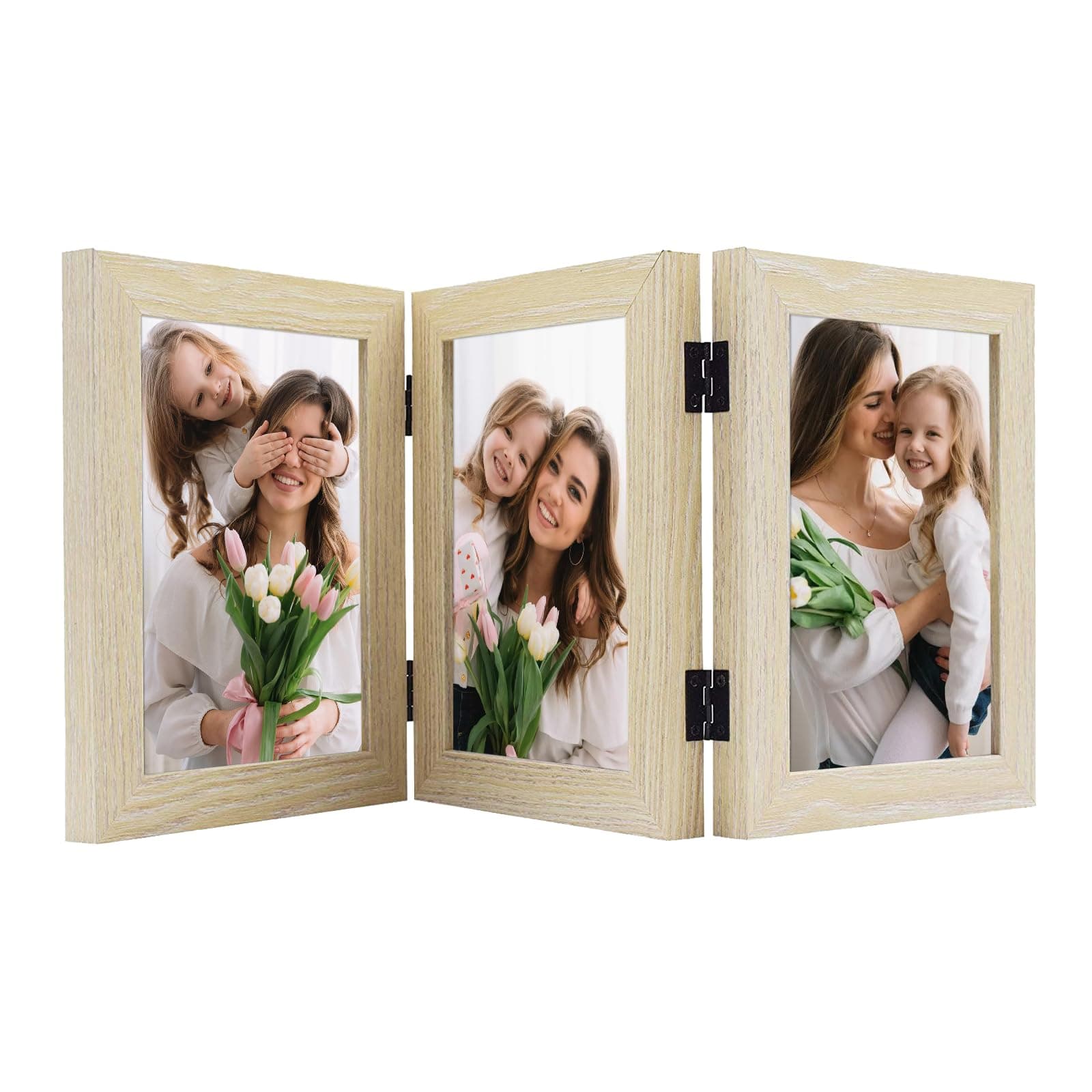 Frametory, 5x7 Trifold Picture Frame Hinged Photo Frames Three Folding Frame Desktop Glass Frame Vertical (Beige, 5x7 Triple)
