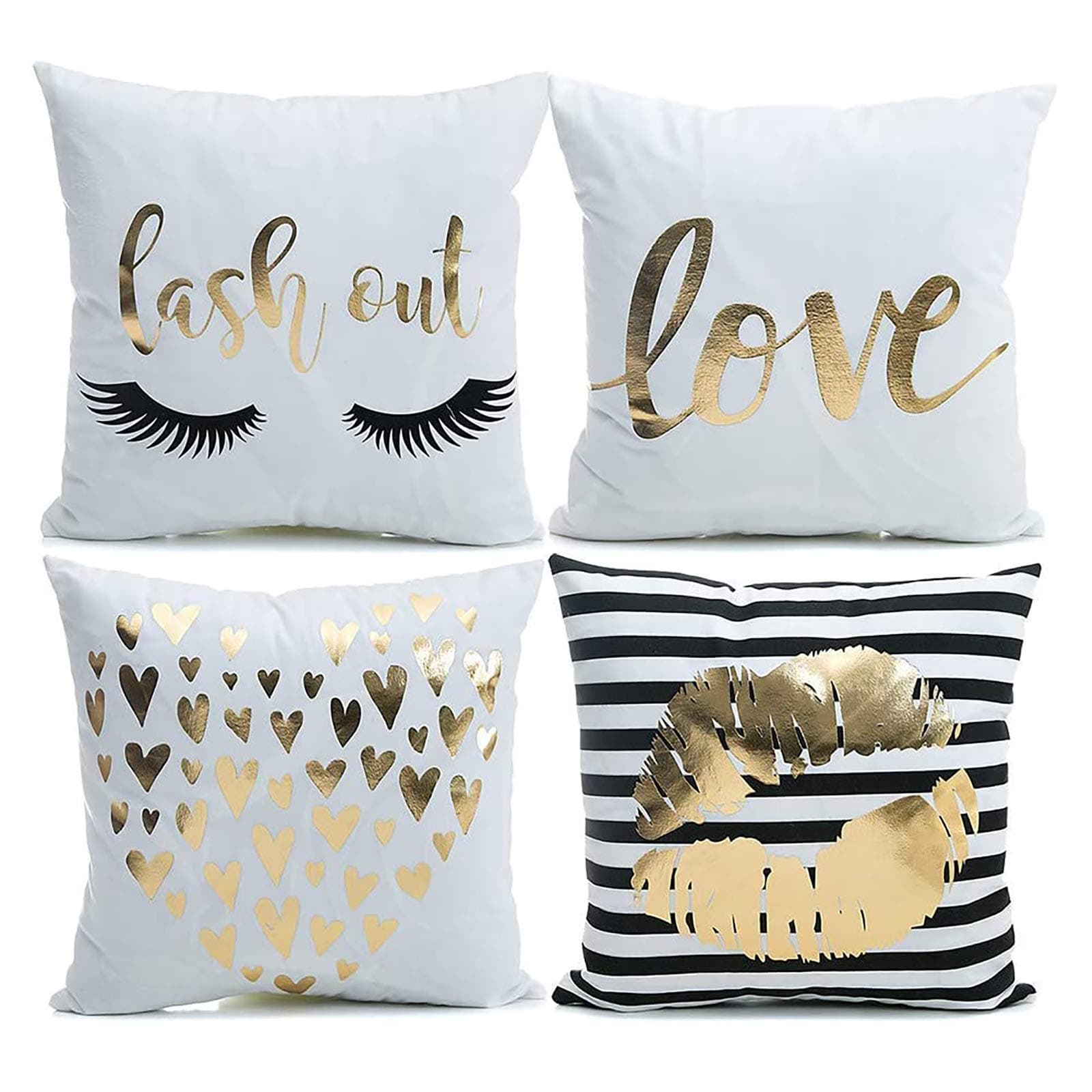 YNester 4Pcs Flannel Bronzing Throw Pillow Cover Sofa Decorative Luxury Gold Love Lips Cushion Covers Pillowcovers 45 x 45 cm Invisible Zipper Cushion Protectors Pillowcase for Car Home GIFT (White)