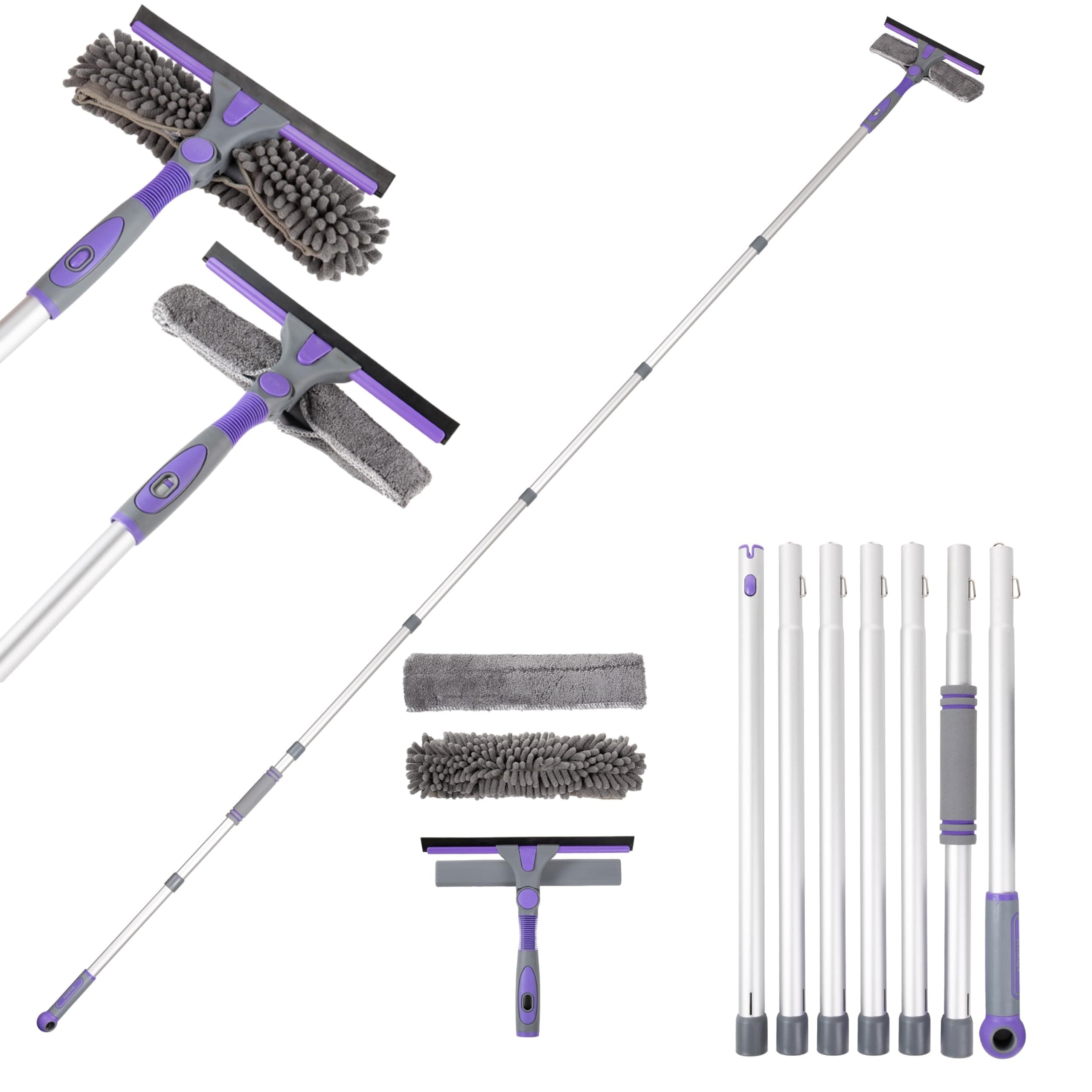 Window Squeegee Cleaning Equipment Kit, Long Handle Extendable Telescopic Glass Cleaner Brush with 7 Extension Pole - 105 inch, Bendable Head Scraper & Scrubber Tool