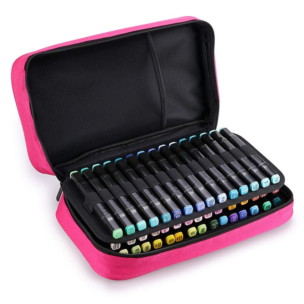 BTSKY Art Marker Carrying Case Lipstick Organizer-60 Slots Canvas Zippered Markers Storage for Prismacolor Touch Spectrum Noir Paint Sharpie Markers, Empty Wallet Only (Pink)