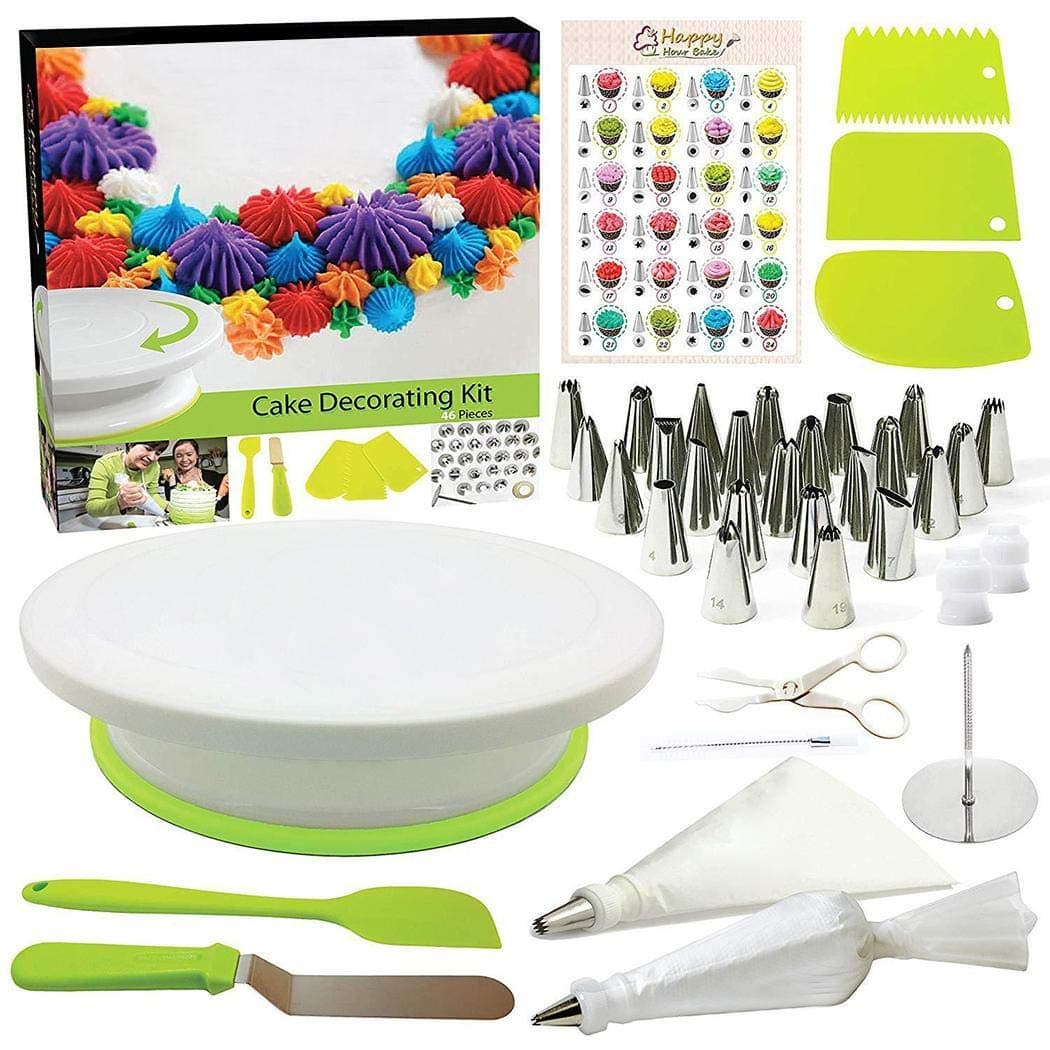 Cake Decorating Supplies 46 PCS, Baking Pastry Tools with Rotating Turntable Stand - Includes Icing Tips with Pattern Chart & Nozzles Piping Bag, Piping Tip Coupler, Scrappers, Flower Nail