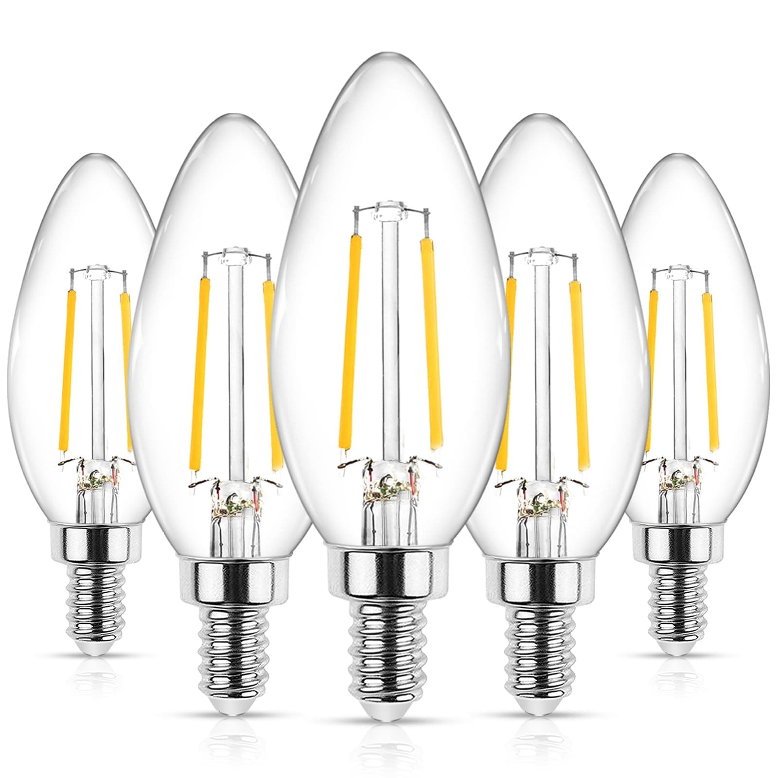 E12 LED Classic Candelabra Clear Light Bulb, 4W, Equivalent 40W, Warm White 2700K, Non-Dimmable, Filament Clear Glass, Pack of 5