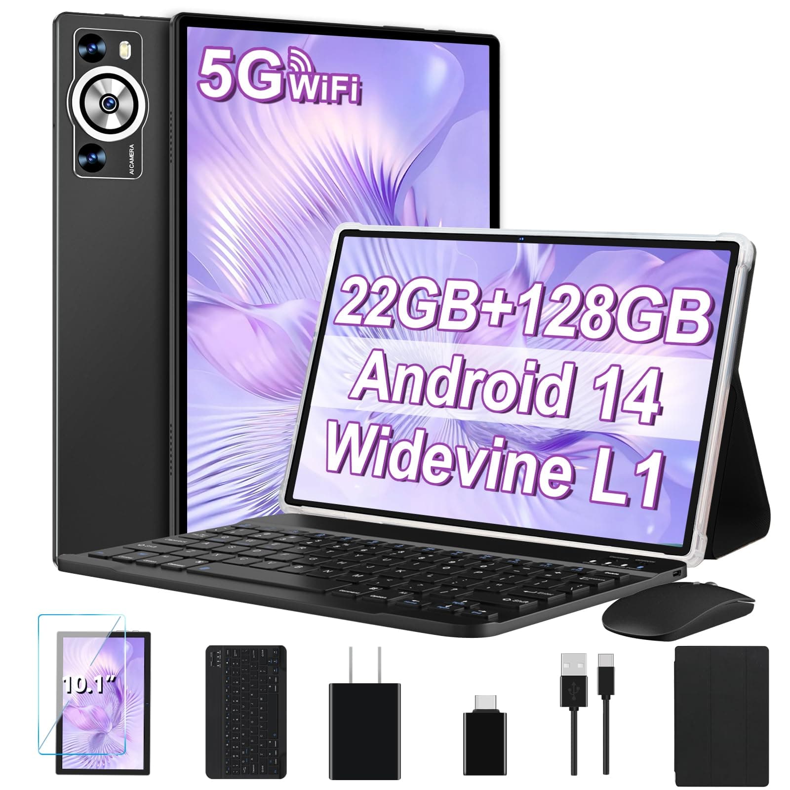 Android 14 Tablet 10.1 Inch 8000mAh Battery Tablets with 22GB RAM 128GB ROM 2TB Expand, Octa-Core HD Touchscreen Tablet with Keyboard, Mouse, Support Widevine L1, Split-Screen - Black