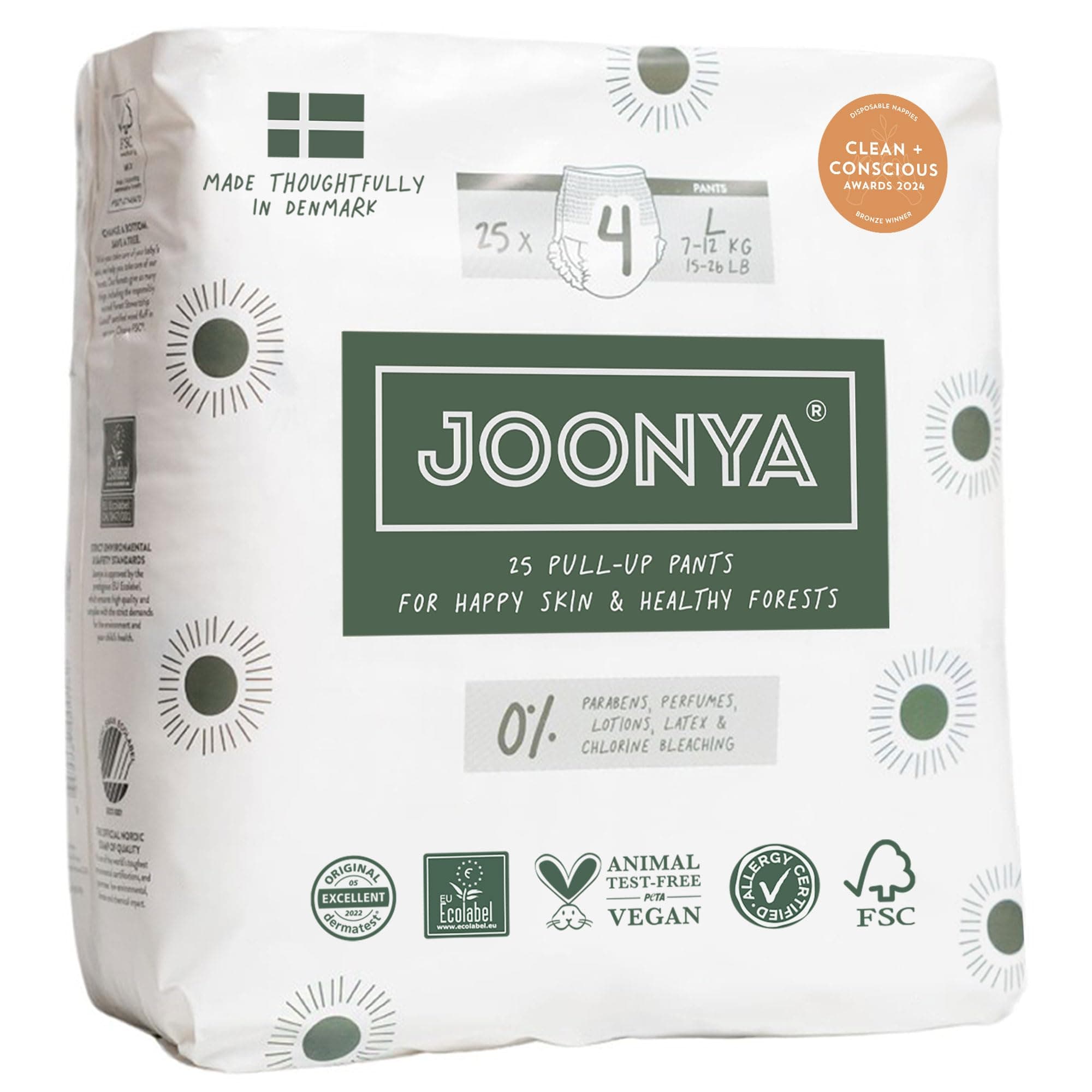 Joonya Pull-Up Pants Baby Diapers, Size 4 L (15-26 lb) - 1 Bag of 25 - NonToxic, Eco-Friendly, Ultra Slim, Overnight Use - Made in Denmark