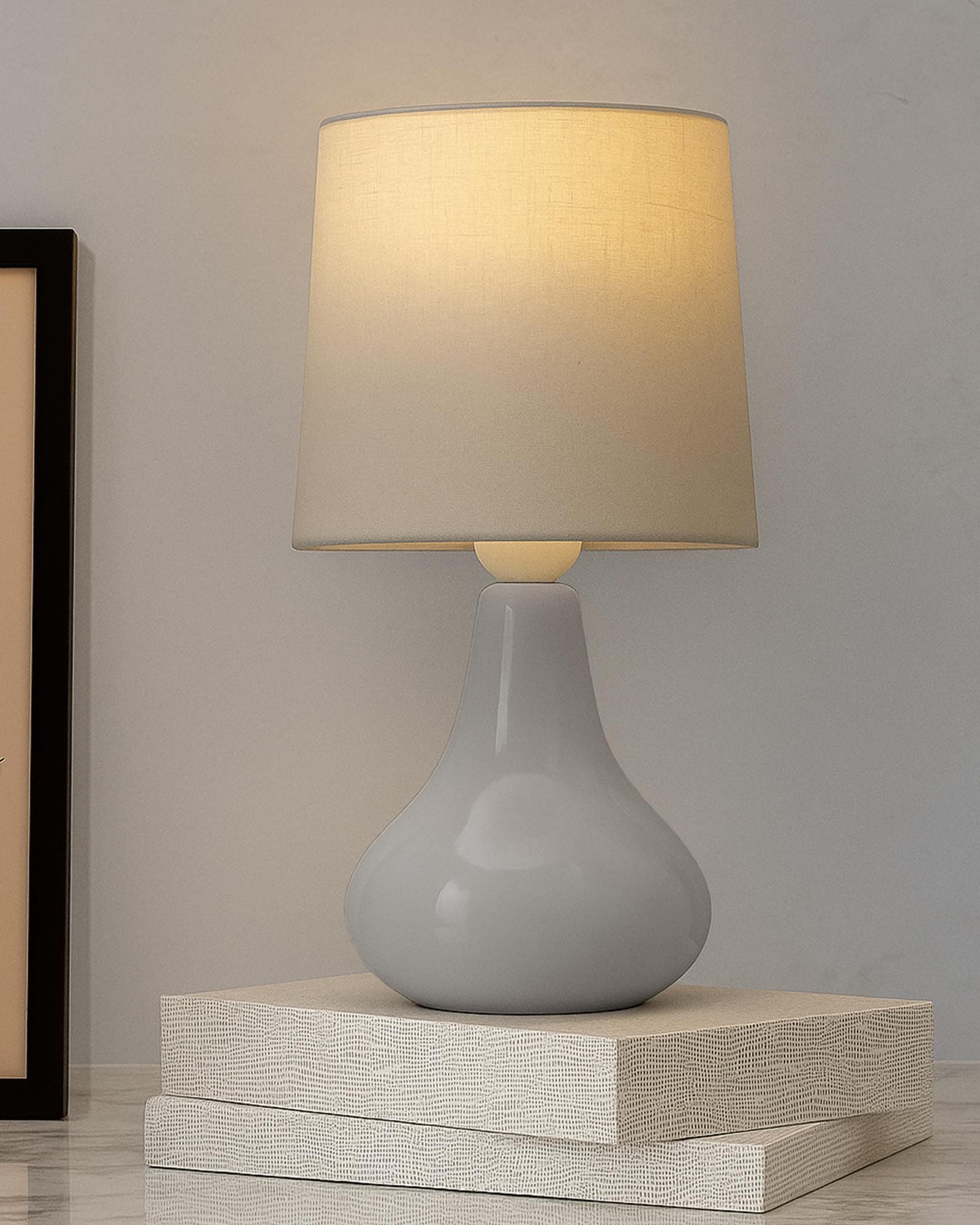 Modern Small Ceramic Table Lamp, Classic Bedside Desk lamp for Living Room Bedroom, Farmhouse Nightstand Lamps with Fabric Shade (Gray)