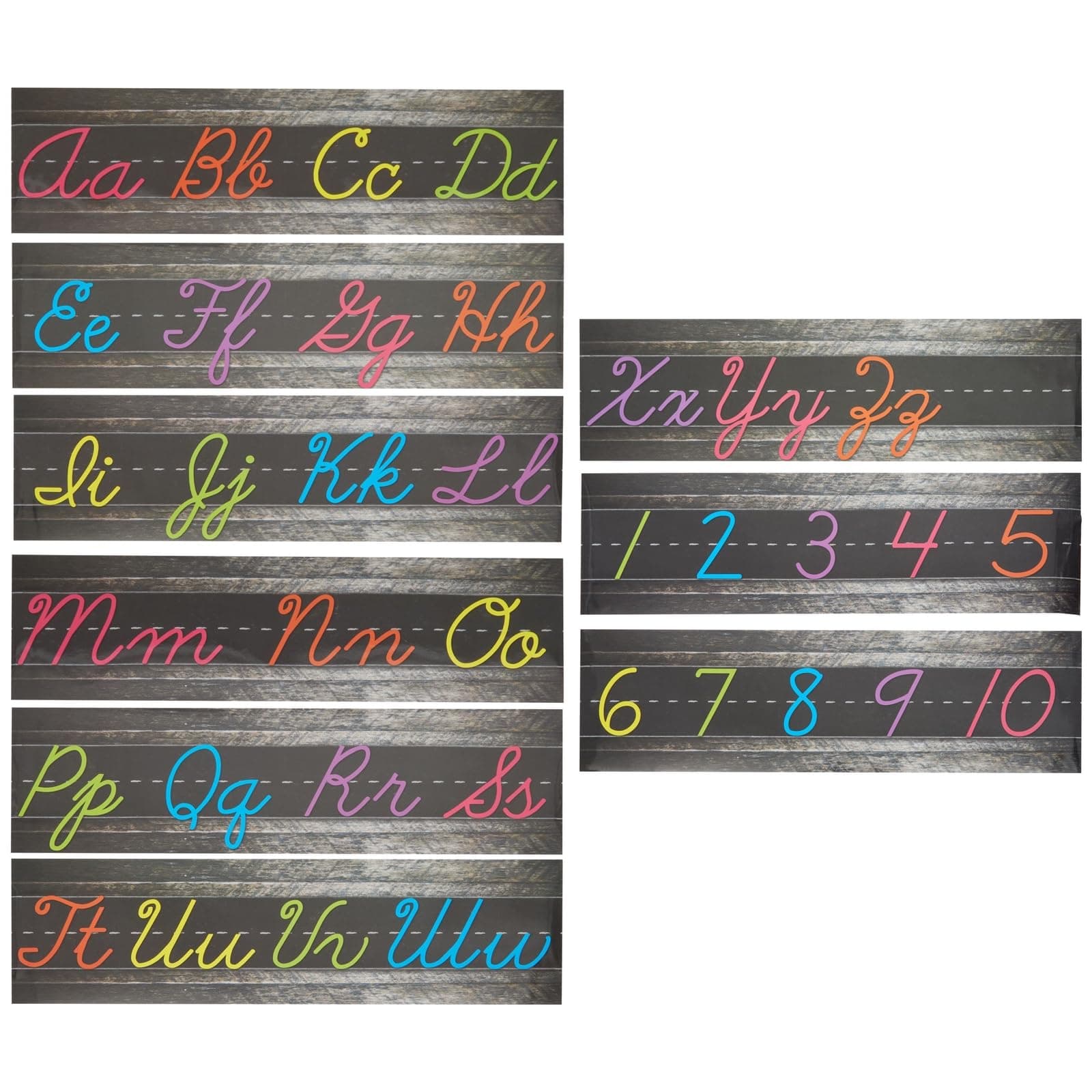 Cursive Alphabet Wall Strip - Numbers Bulletin Board Borders for Classroom Wall - Pack of 9 – Chalkboard Brights Alphabet Design Cursive Letters (21 x 6 in)
