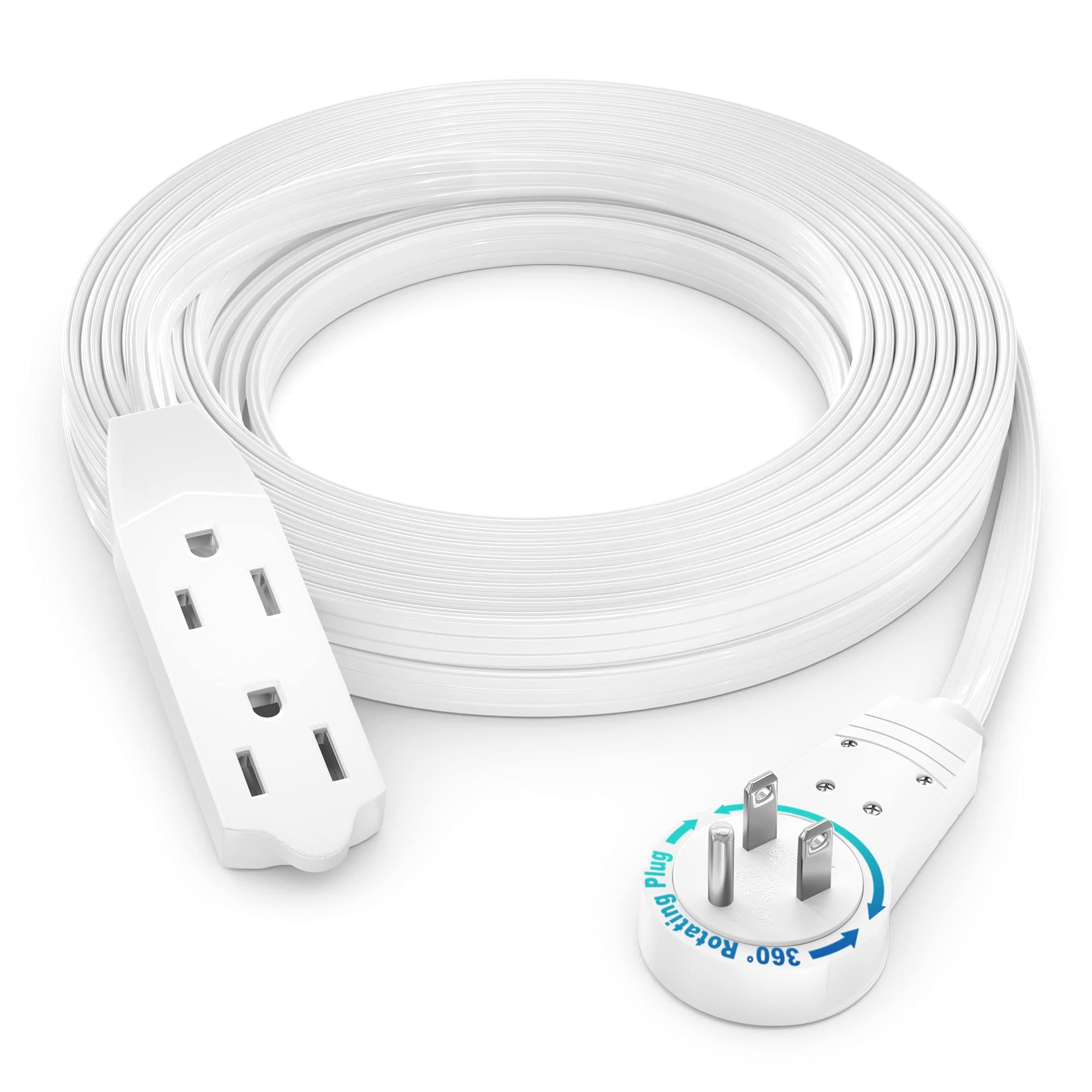 Maximm Cable 15 Ft 360° Rotating Flat Plug Extension Cord/Wire, 16 AWG Multi 3 Outlet Extension Wire, 3 Prong Grounded Wire - White - UL Certified