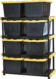 CX Black & Yellow, Shelving Unit and Heavy Duty Storage Containers, Extremely Durable (Shelf + 27 Gallon Container (4-Pack))