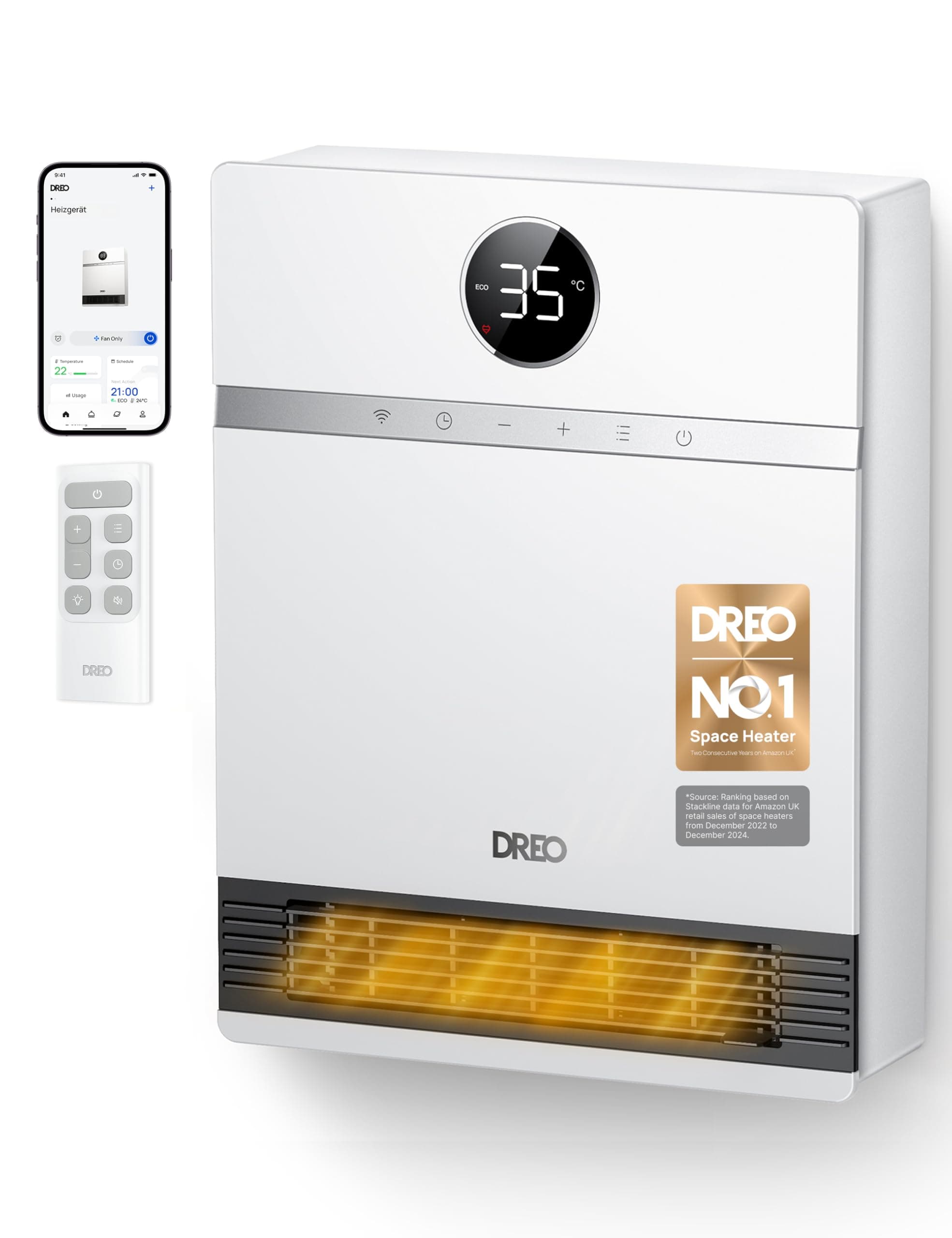 Dreo Smart Electric Wall Heater, 28dB Silent Ceramic Space Heaters for Home, Low Energy, 30° Oscillation, Adjustable Thermostat, 24H Timer, IP24 Wall Mounted for Bedroom, Works with Alexa