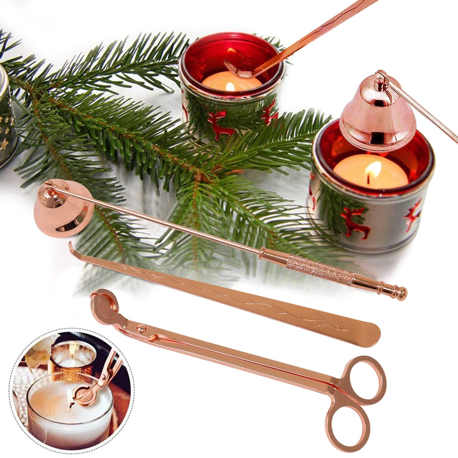 FunMove 3 Pieces Candle Accessory Set Candle Wick Trimmer Candle Snuffer Candle Wick Dipper Rose Gold Cutter Scissor Stainless Steel Candle Tools Sets Gift for Candle Lover Home Decor
