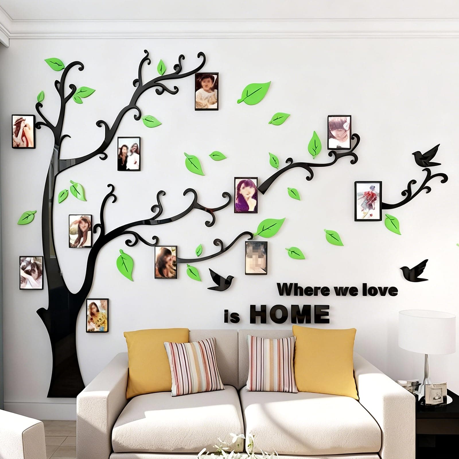3D Tree Wall Stickers - DIY Photo Frame Tree Wall Decal Family Photo Frame Sticker Murals Wall Decor Living Room Bedroom TV Background Home Decorations (S:54 * 39in,Pale Green Right)