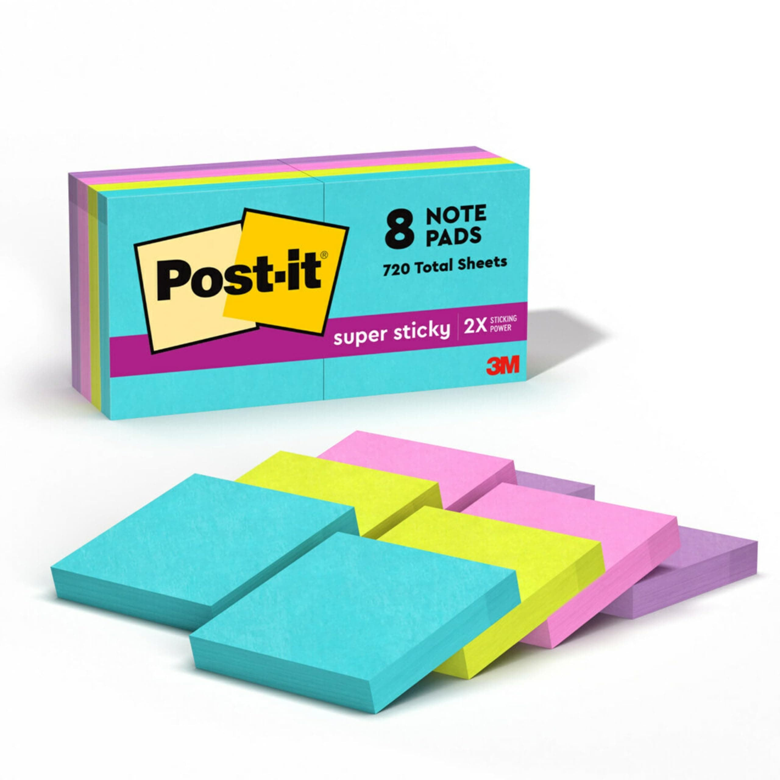 Post-it Super Sticky Notes, 8 Sticky Note Pads, 1.875 x 1.875 in., School Supplies, Office Products, 2X the Sticking Power, Supernova Neons Collection