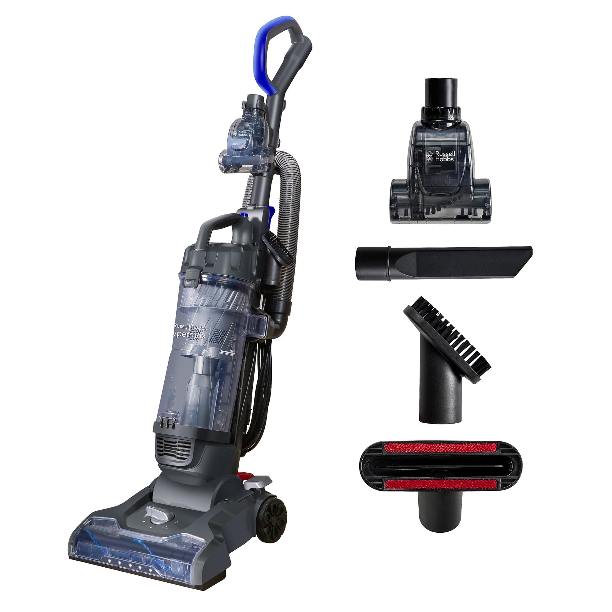 Russell Hobbs Upright Vacuum Cleaner Hypermax Multi-Surface Compatibility, Multi-Cyclonic Filtration, Grey & Blue Vacuum, Lightweight, 4L Dust Tank & 9m Power Cord RHUV7001