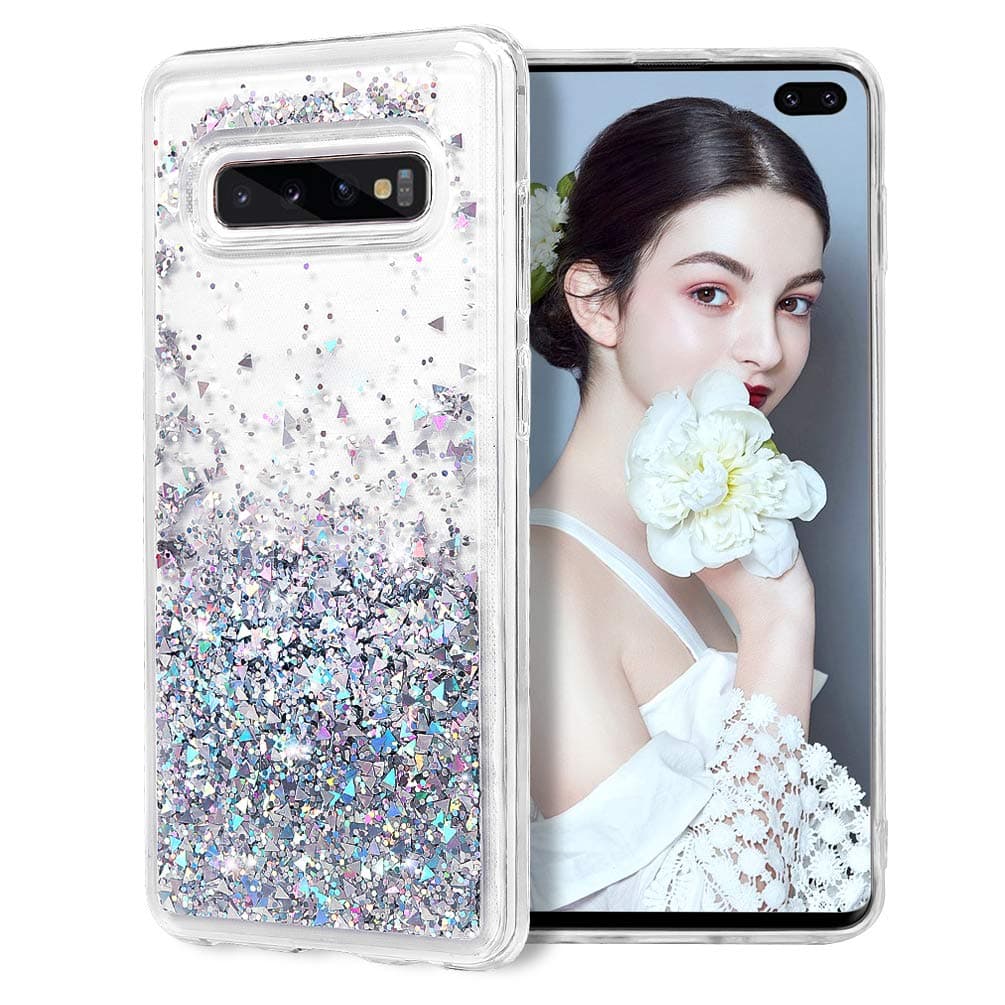 Samsung Galaxy S10 Plus Case, Clear Liquid Glitter Case Air-Cushion Drop Resistant Bling Shiny Sparkle Flowing Shockproof Soft TPU Bumper Shell Slim Cover for Samsung Galaxy S10 Plus 6.4" - Silver