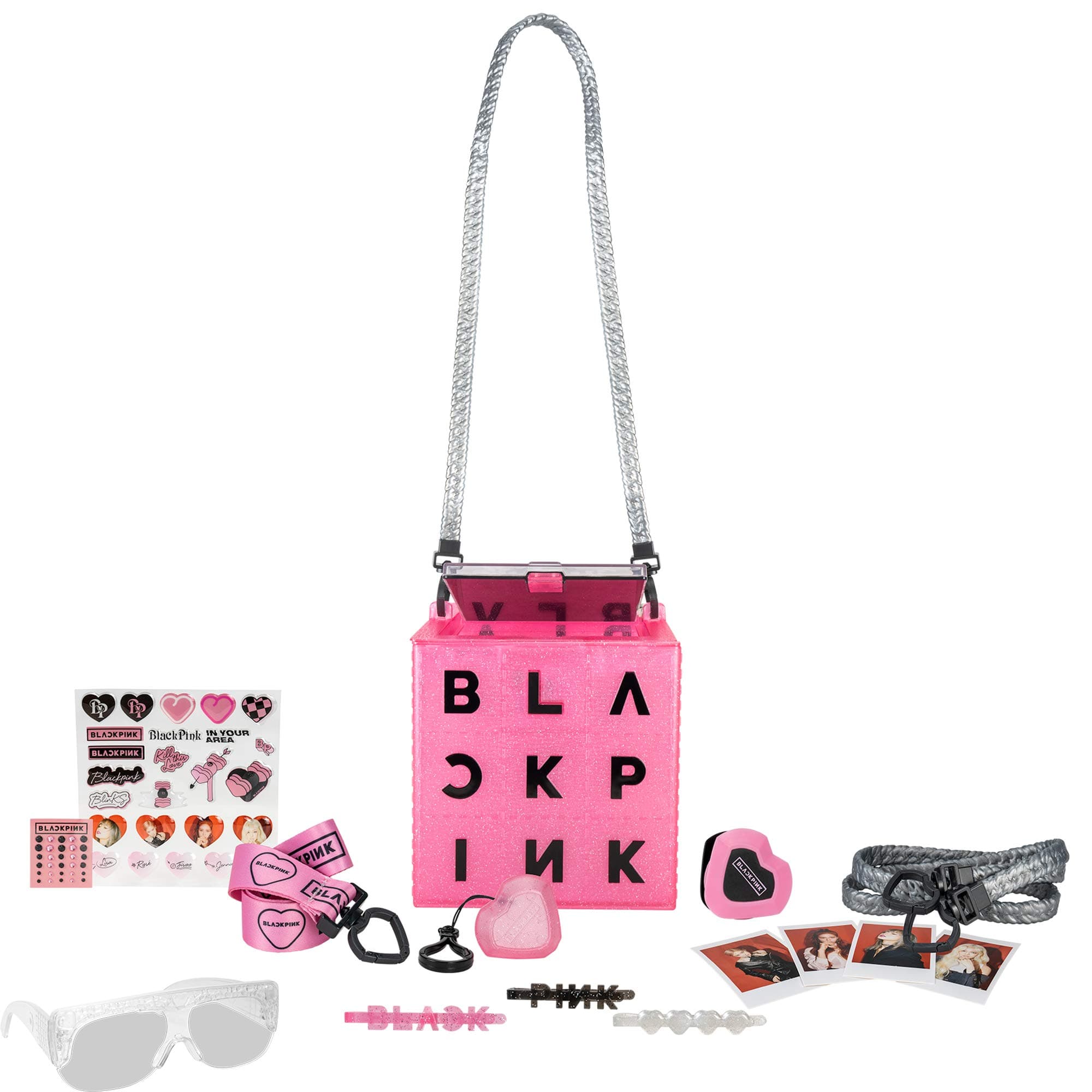 BlackPink VIP All Access Box - Includes 13 Surprises Inside, Like: Stickers, Polaroids of Lisa, Jennie, Jisoo & Rose, Phone Stand, Keychain/Lanyard, Glitter Barrettes, and Glitzy Glasses (BPK0047)