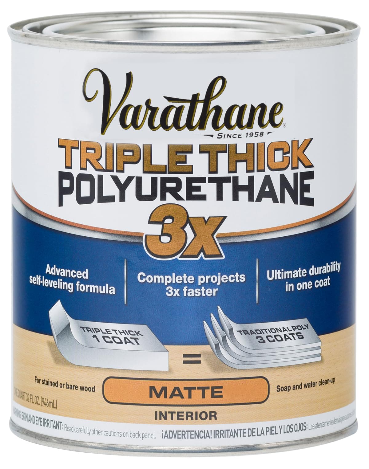 Triple Thick Polyurethane Clear Wood Finish | Self-Leveling Formula | Scratch and Stain Resistance | Durability in One Coat | Matte | Quart