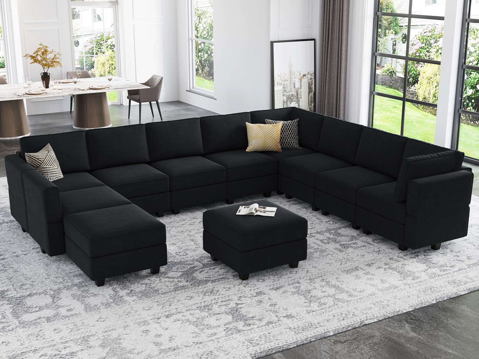 Belffin Modular Sectional Sofa with Ottomans Velvet Oversized U Shaped Sofa Couch with Storage Seats Sofa Set with Reversible Chaise Velvet Black