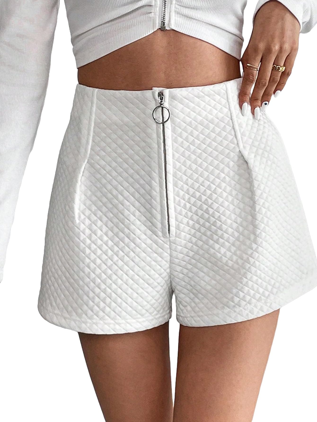 MakeMeChic Women's Solid High Waisted Zipper Fly Straight Wide Leg Textured Mini Shorts