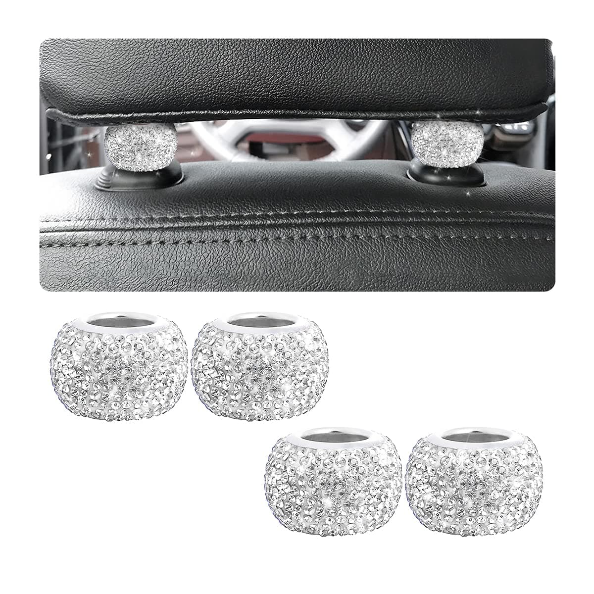 BELOMI 4 Pack Car Headrest Collars, Bling Car Head Rest Collars Rings Decor, Rhinestone Car Head Rest Collars, Diamond Interior Car Seat Accessory (White)