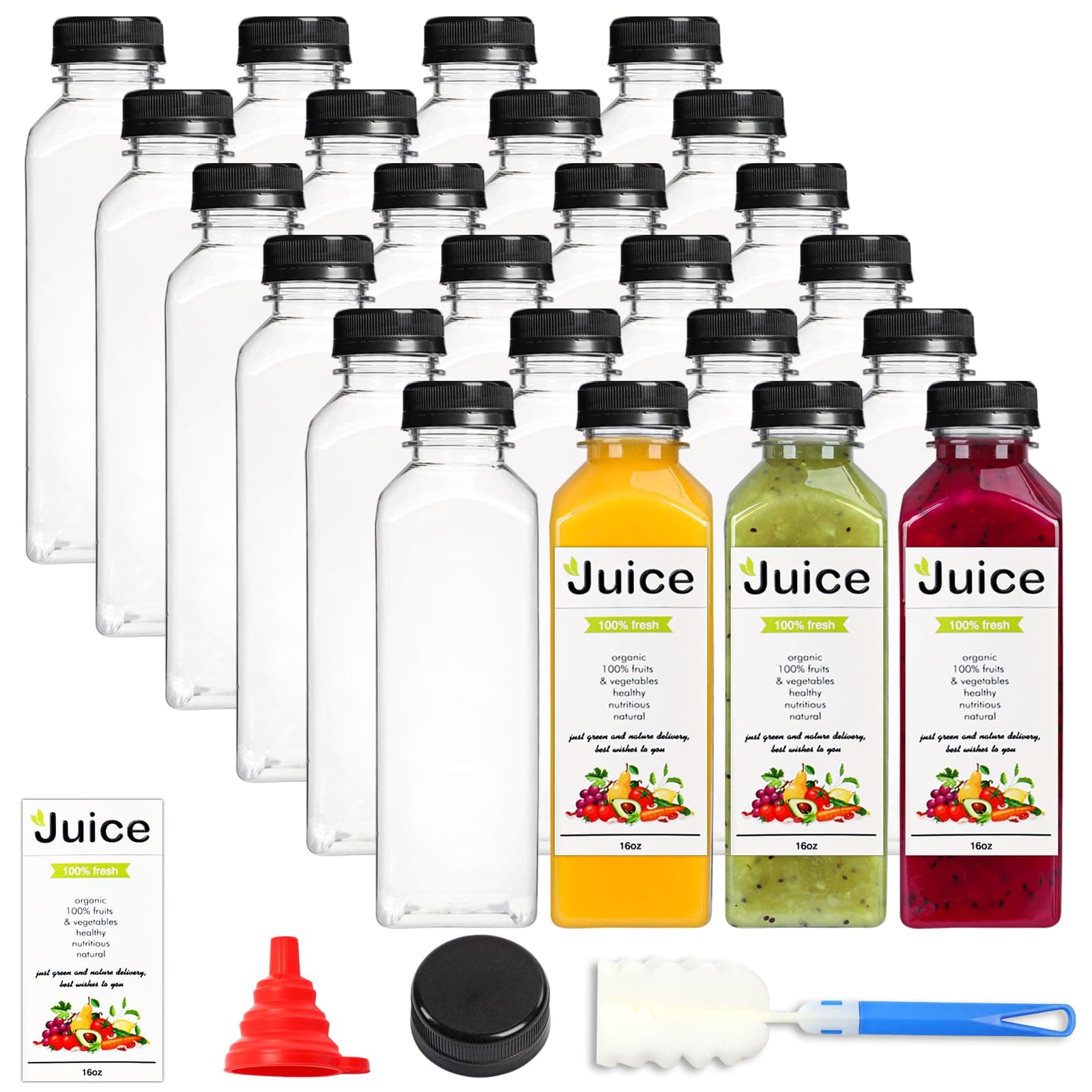 24 Pack 16 Oz Plastic Juice Bottles with Caps, Reusable and Take Out Juicing vessels with Lids, Clear Bulk Containers for Smoothie, Drinking and Other Beverages